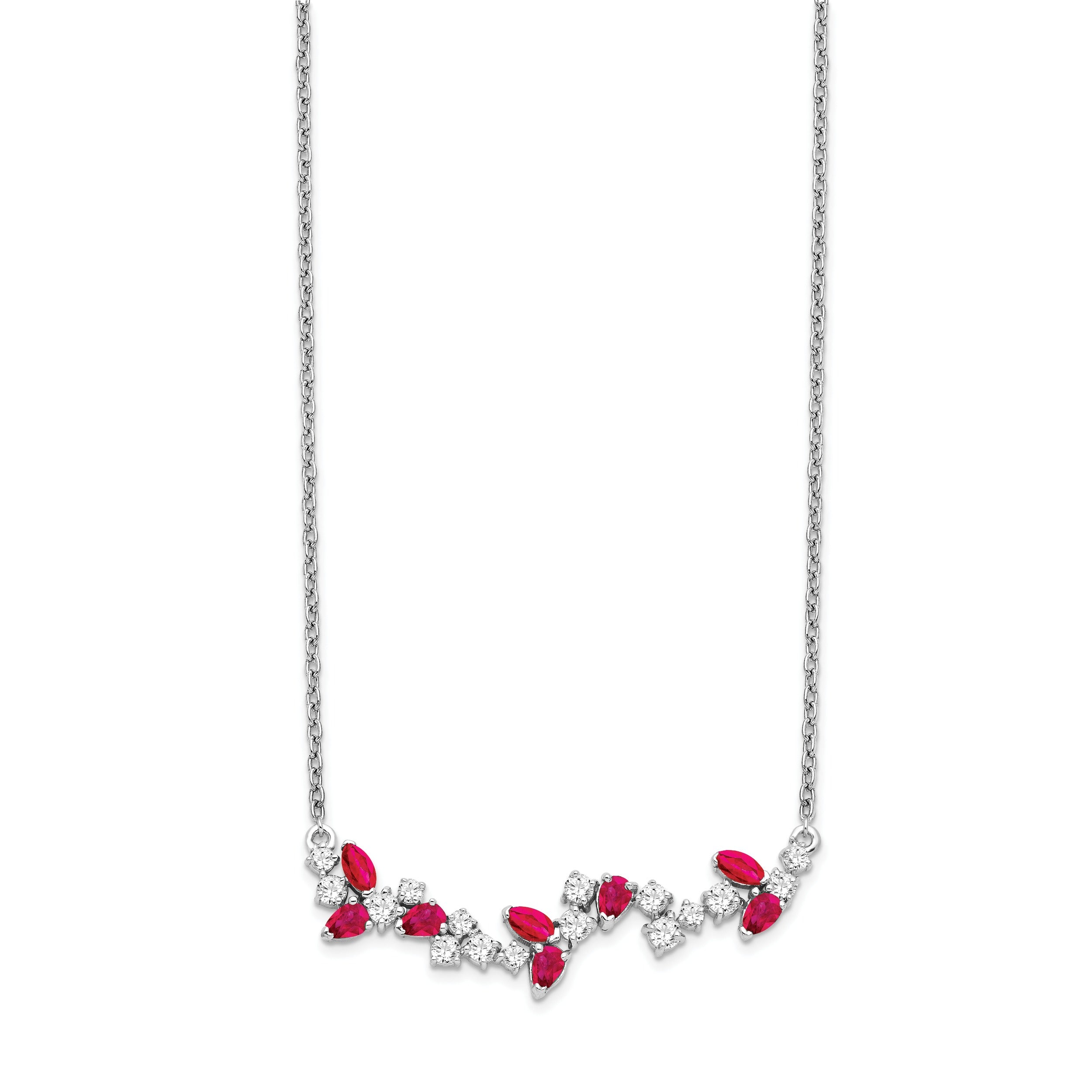 0.95 Ct Marquise Red Ruby and Diamond Prong 14k White Gold Floral Bar Necklace