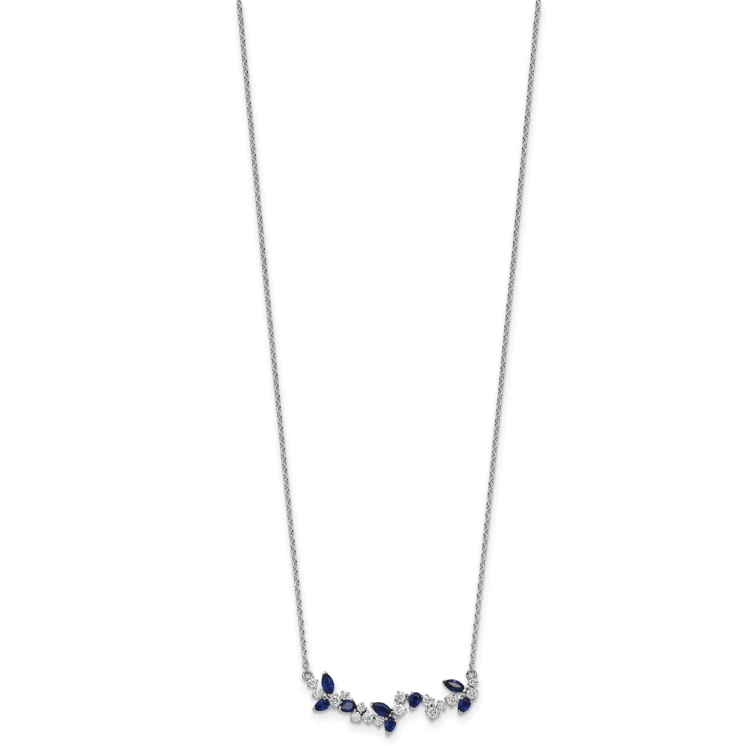 0.95 Ct Marquise Blue Sapphire and Diamond Prong 14k White Gold Floral Bar Necklace