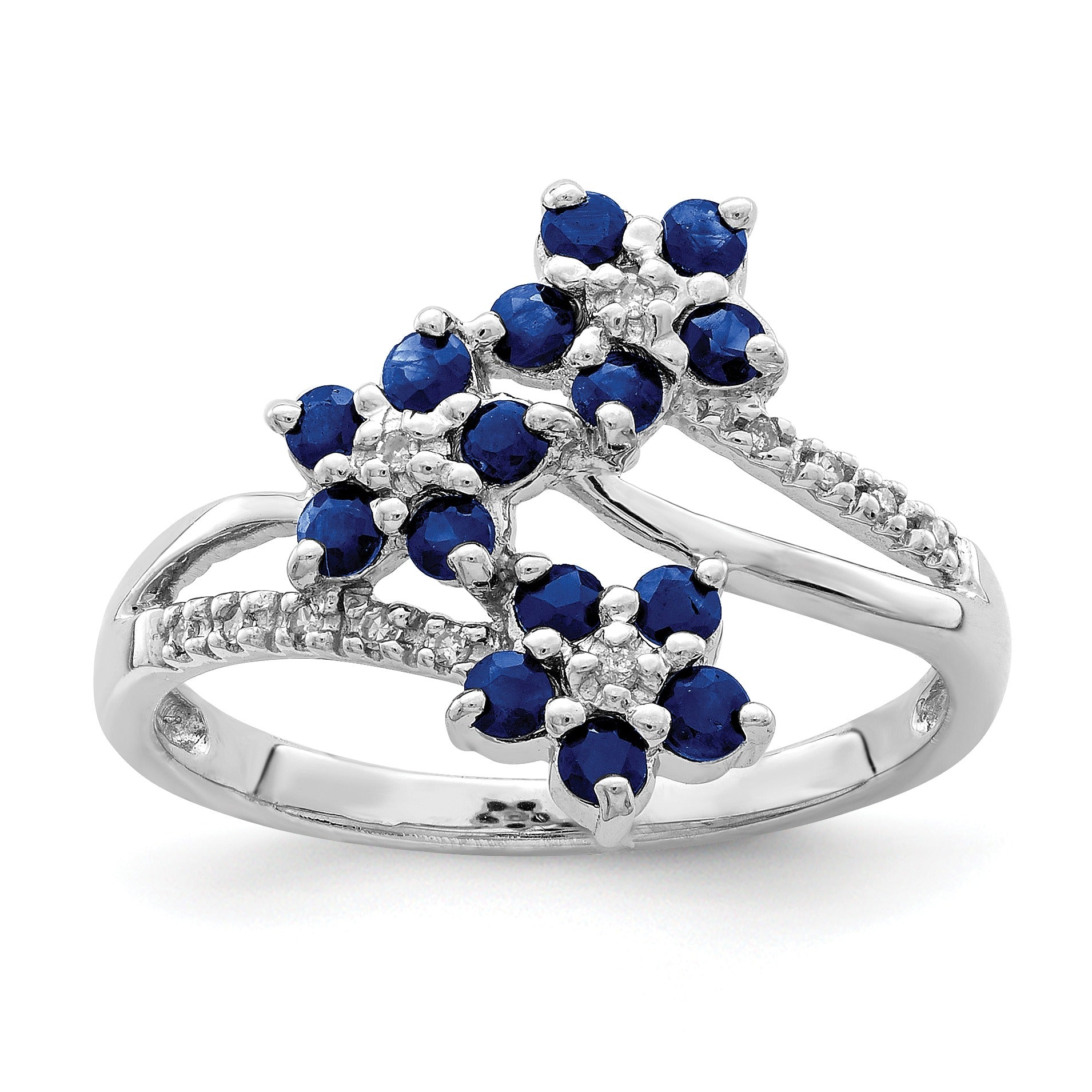 0.6 Ct Blue Sapphire & Diamond Prong Rhodium-Plated Sterling Silver Three-Flower Ring