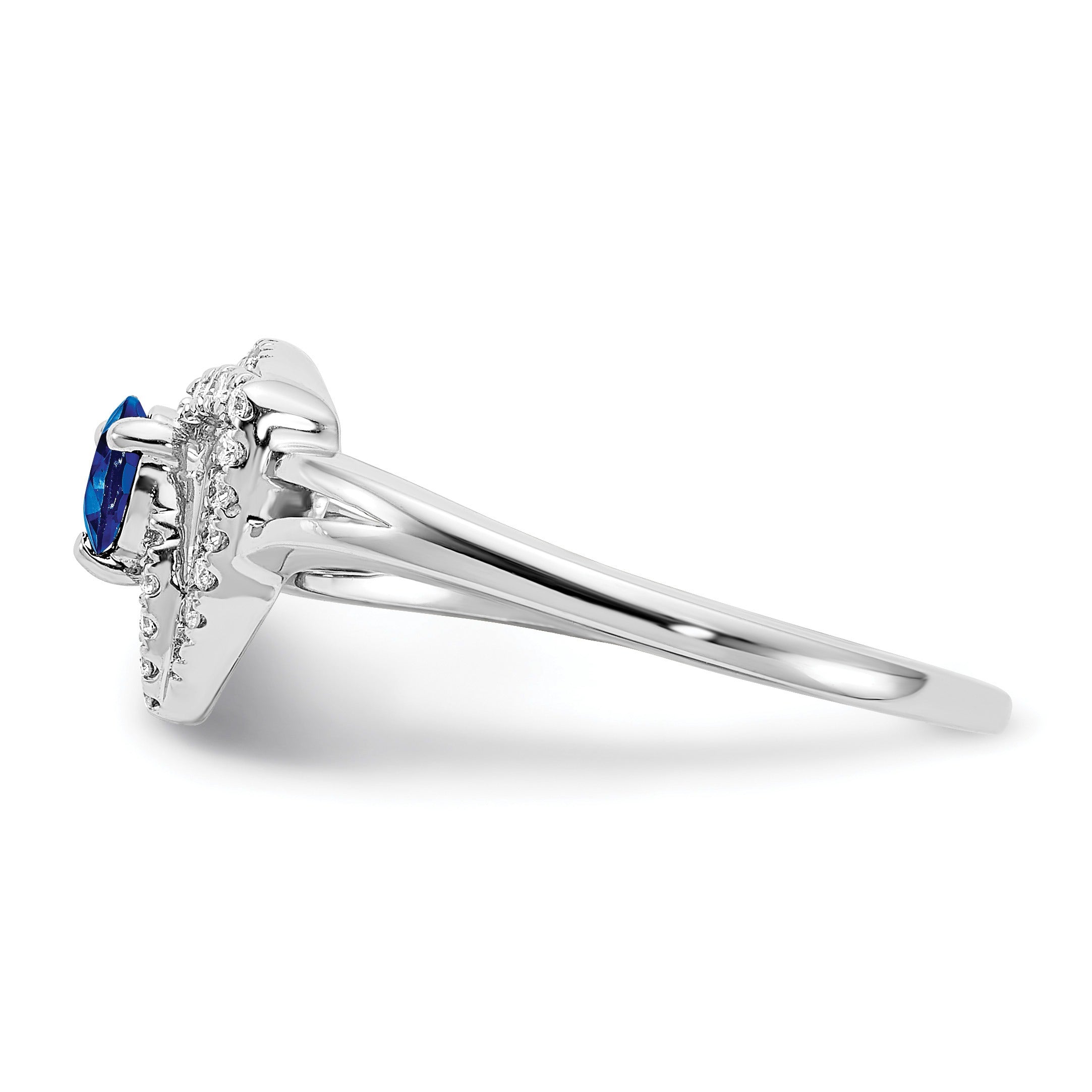0.15 Ct Round Blue Sapphire & Diamond Prong 14K White Gold Pavé Triangle Ring