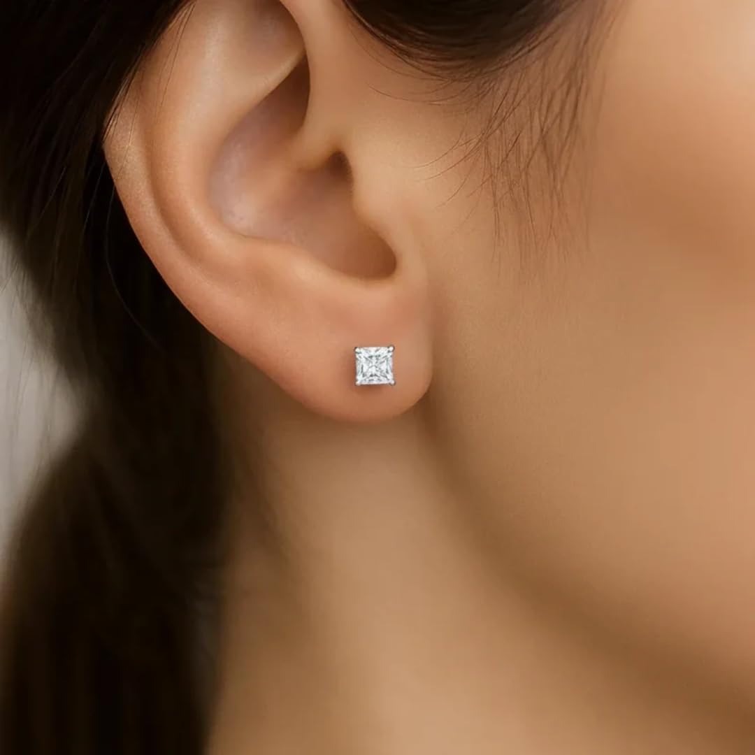 IGI Certified Princess Cut Lab Grown Diamond Solitaire Stud Earrings White Gold Fine Color Jewels