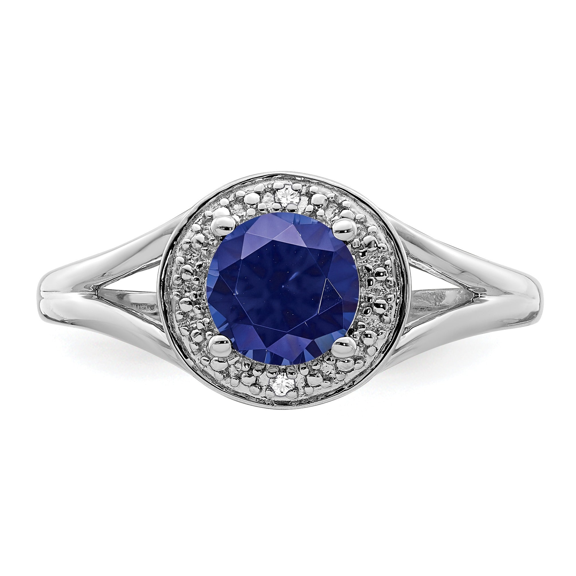 1.05 Ct Created Sapphire & Diamond Prong Rhodium-Plated Sterling Silver Halo Ring