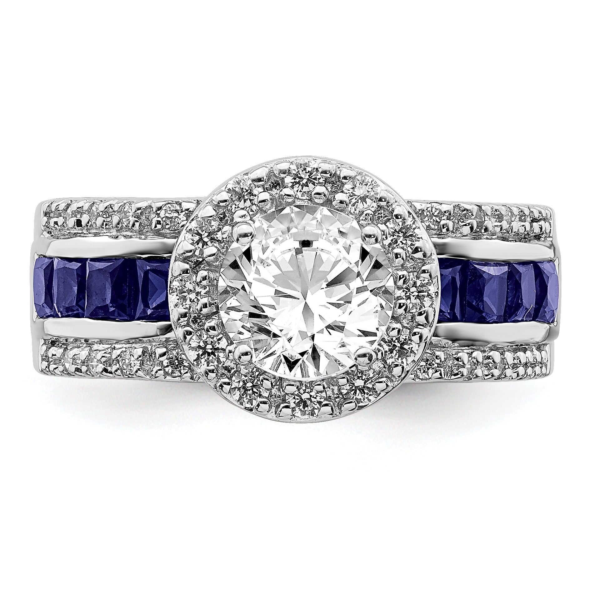 3.29 Ct Princess Blue Lab Created Sapphire & CZ Prong Sterling Silver Rhodium Plated Halo Ring