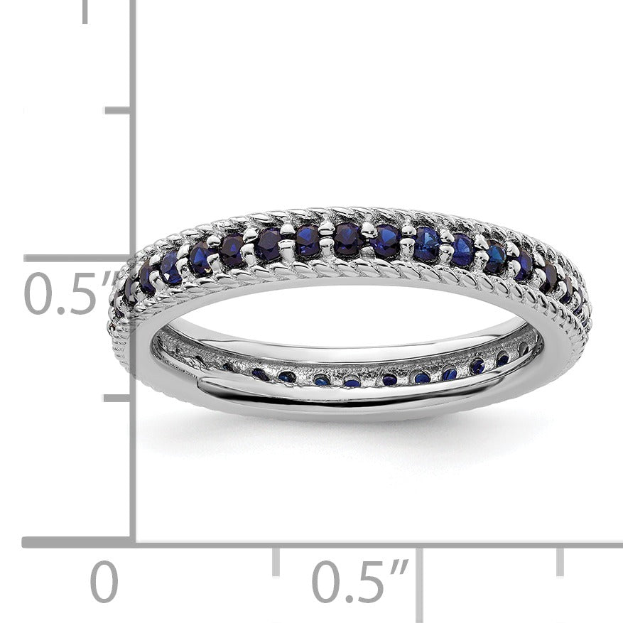 0.74 Ct Round Blue Created Sapphire Rhodium-Plated Silver Stackable Eternity Band Ring