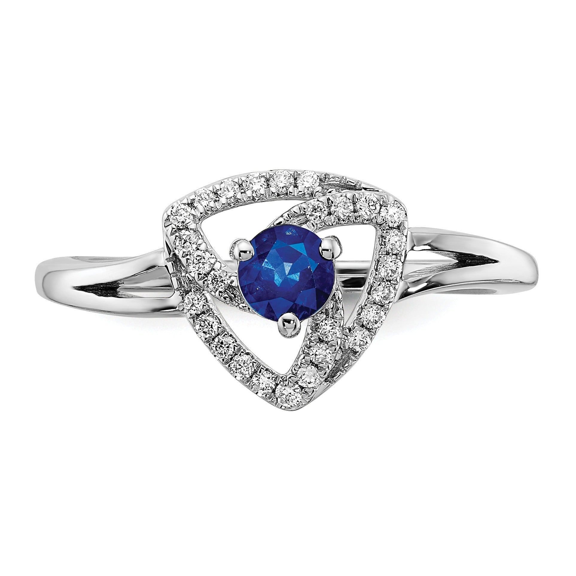 0.15 Ct Round Blue Sapphire & Diamond Prong 14K White Gold Pavé Triangle Ring