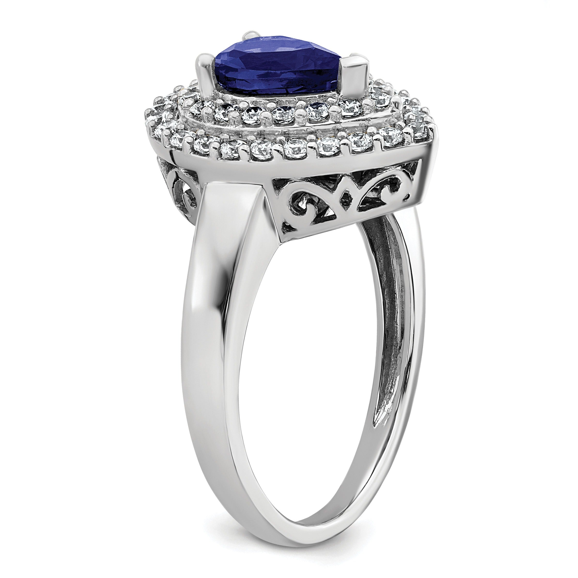 1.46 Ct Pear Blue Created Sapphire & Lab Diamond Prong 14K White Gold Double Halo Filigree Ring