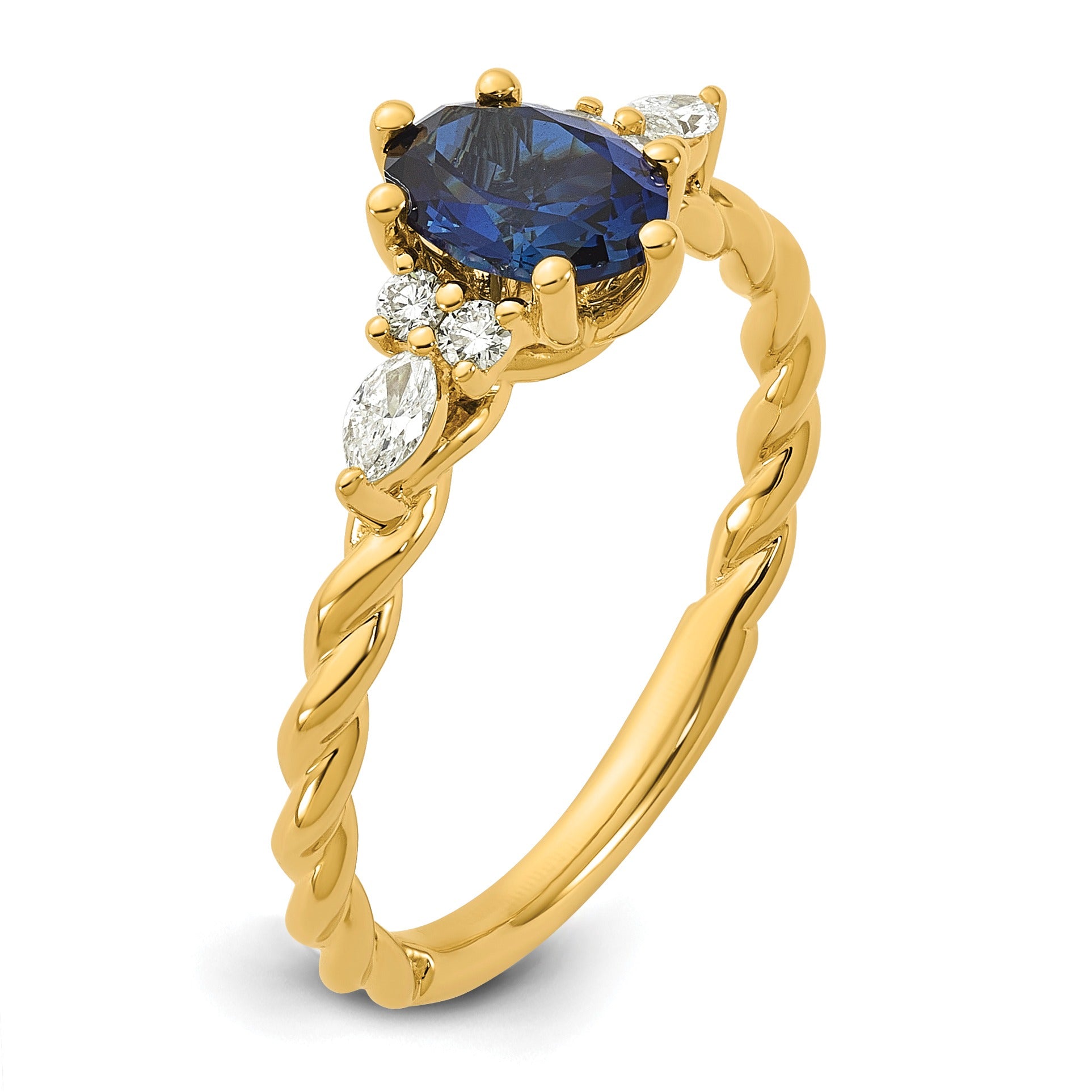 1.12 Ct Oval Blue Created Sapphire & Lab Diamond 6 Prong 14K Gold Twisted Cluster Ring