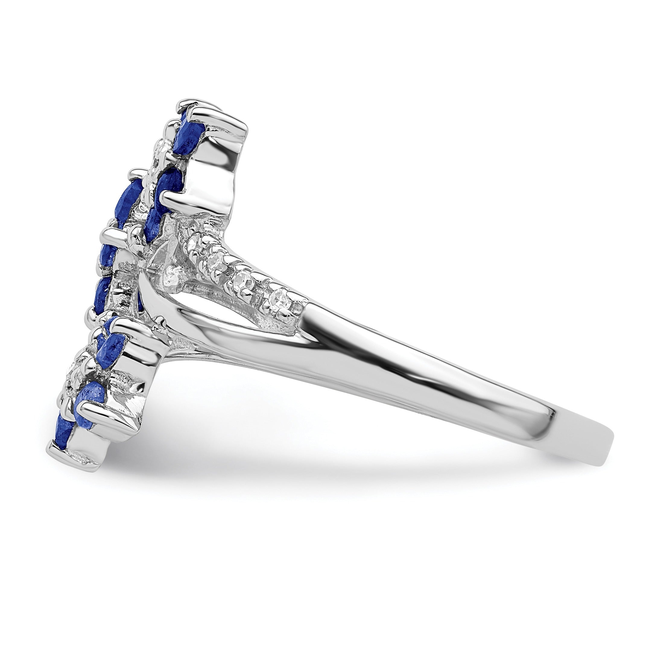 0.6 Ct Blue Sapphire & Diamond Prong Rhodium-Plated Sterling Silver Three-Flower Ring