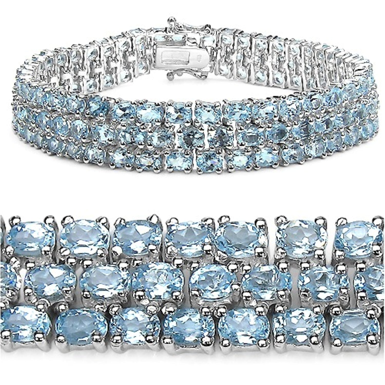 26.20 Ct Oval Blue Topaz Sterling Silver Triple Row Tennis Bracelet
