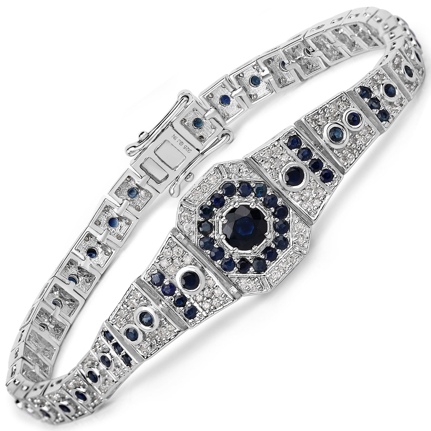 3.79 Ct Blue Sapphire and Diamond Silver Art Deco Tennis Bracelet