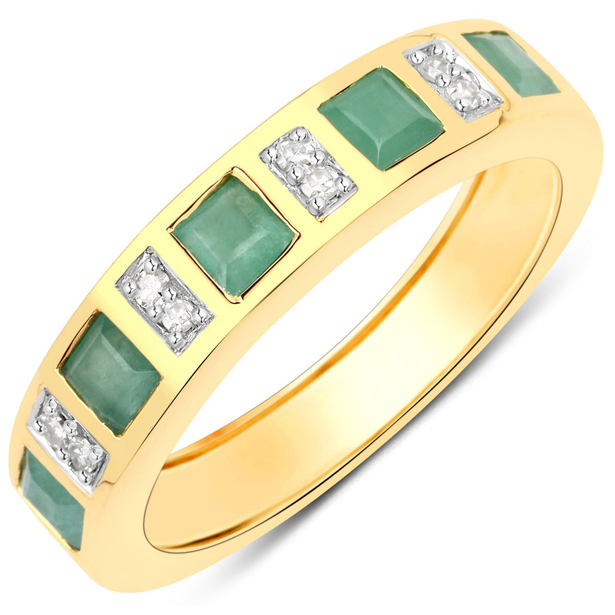 0.82 Cttw Square Green Emerald and Diamond 18K Yellow Gold over Silver Eternity Ring