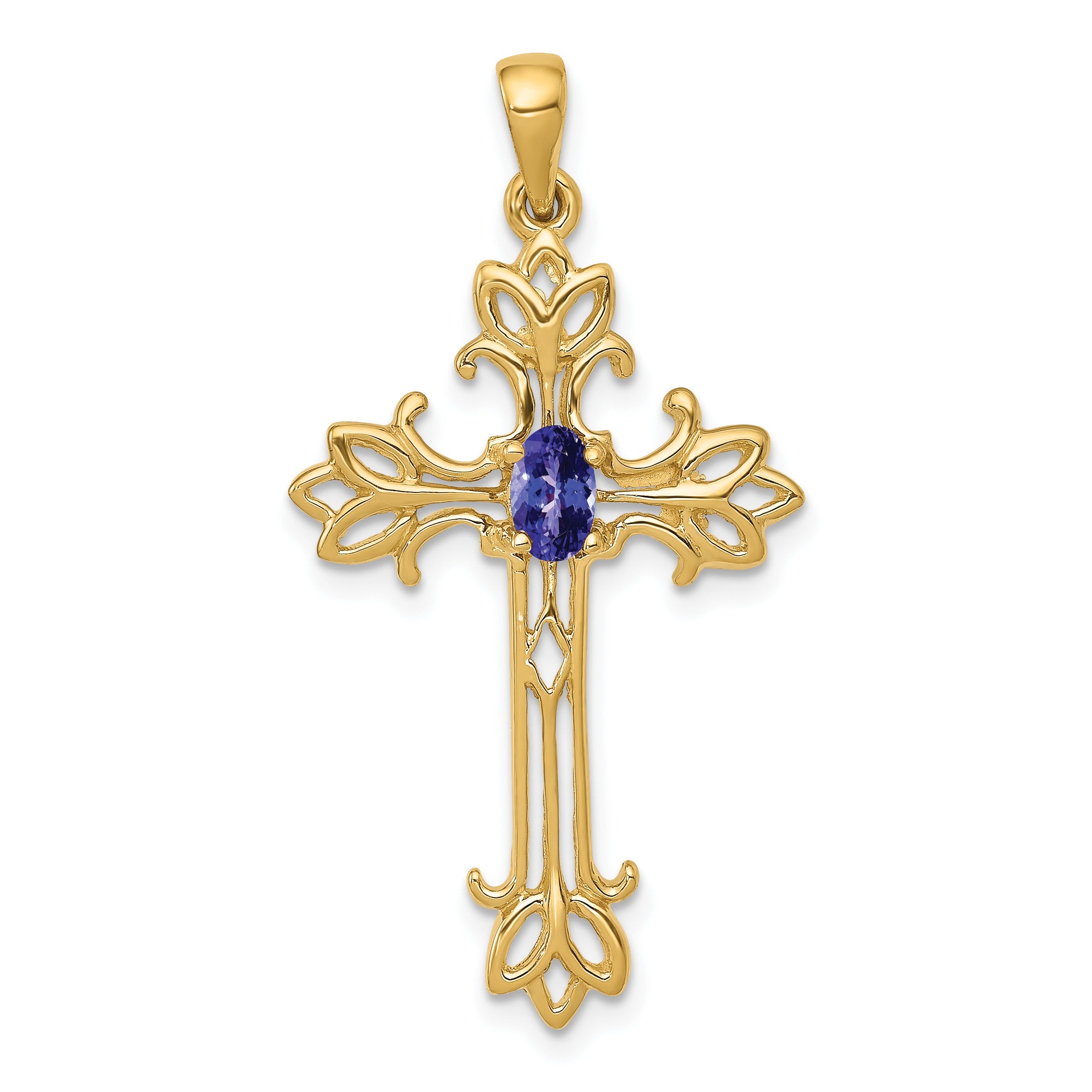 10K Yellow Gold Oval Natural Tanzanite Cross Pendant