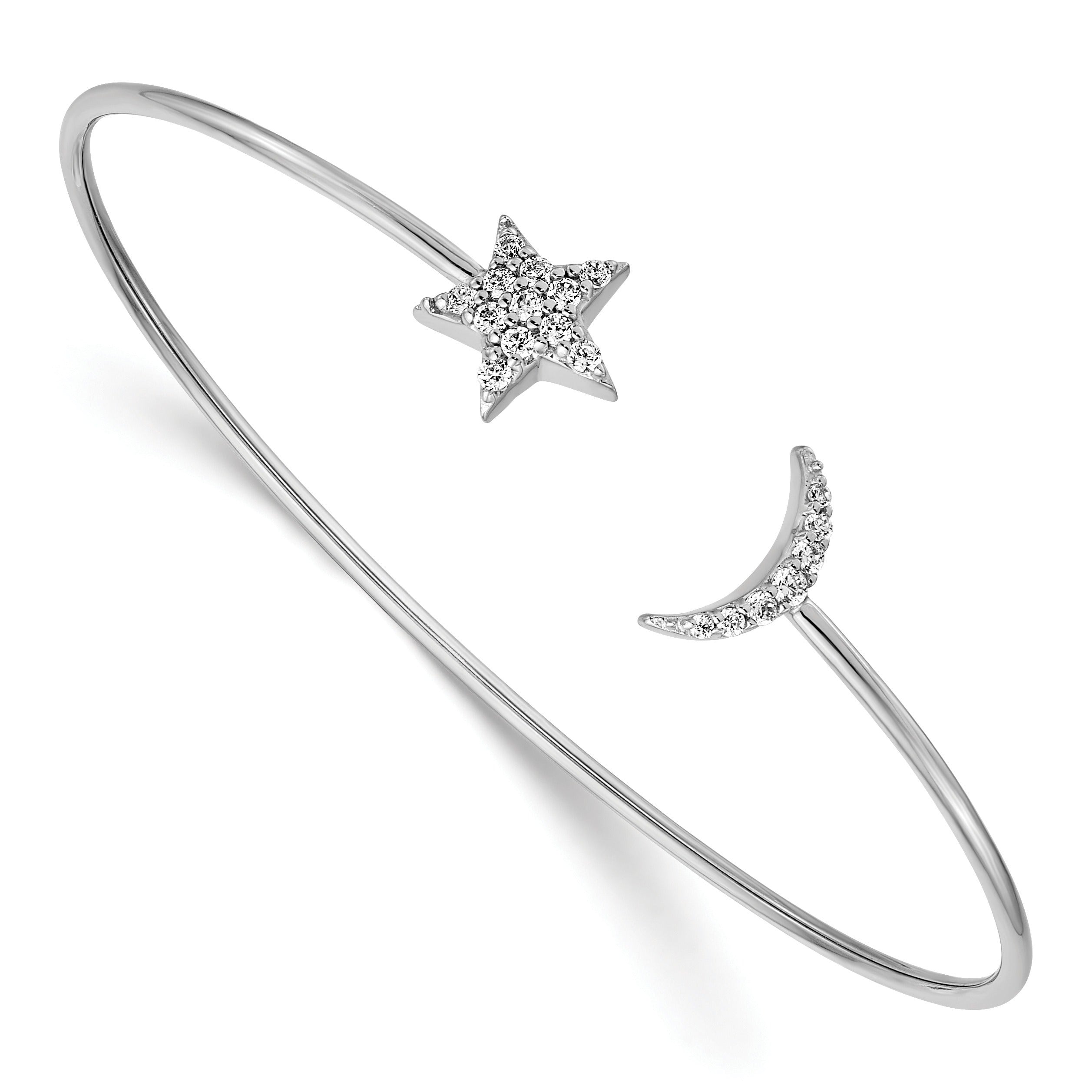 White Diamond 14k White Gold Moon and Star Flexible Cuff Bangle Bracelet