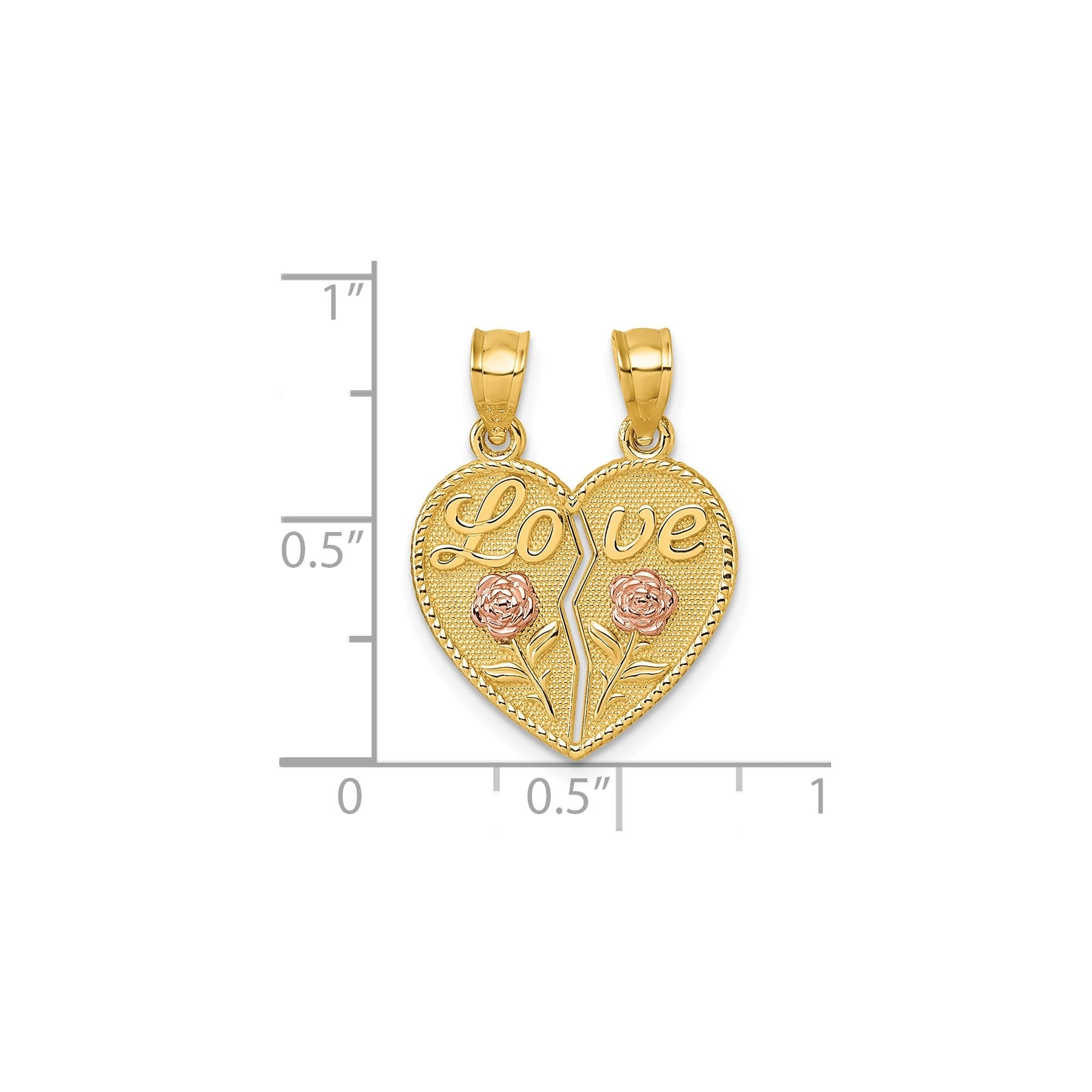 14k Real Gold LOVE And Roses Heart breakable pendant Fine Color Jewels