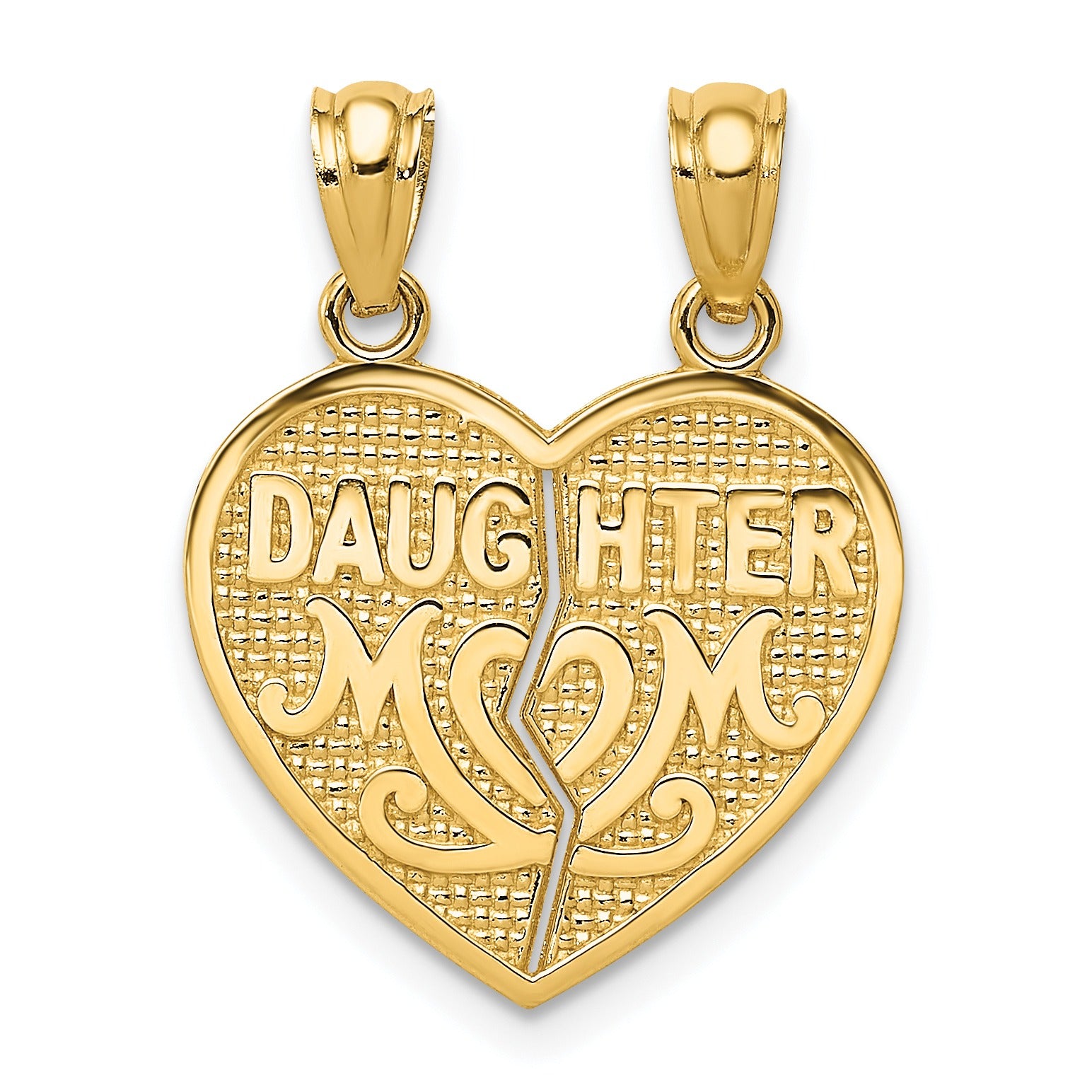 Gold heart-shaped mom and daughter pendant, split design, Fine Color Jewels handmade jewelry.