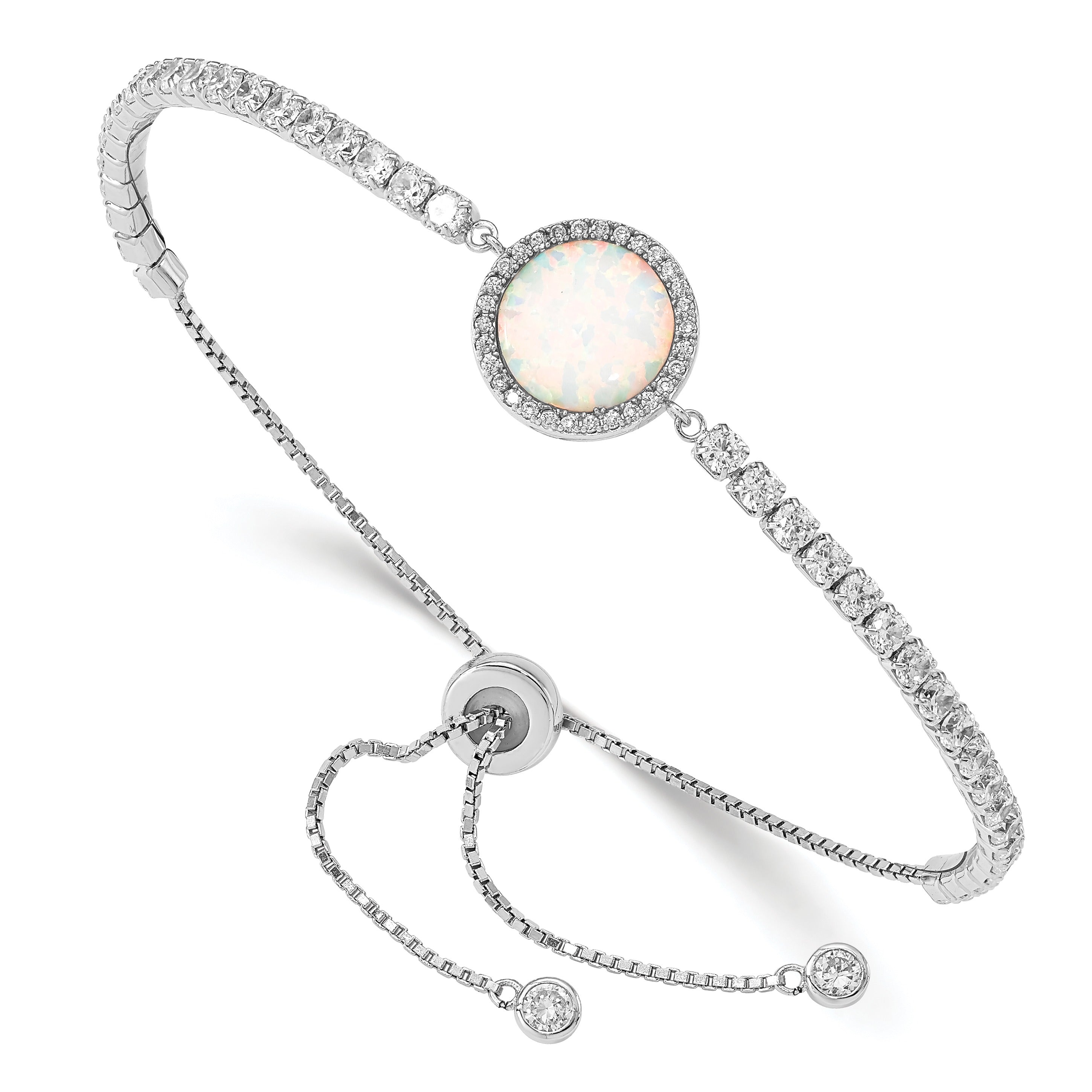 White opal and diamond tennis bracelet in sterling silver, fine jewelry by Fine Color Jewels