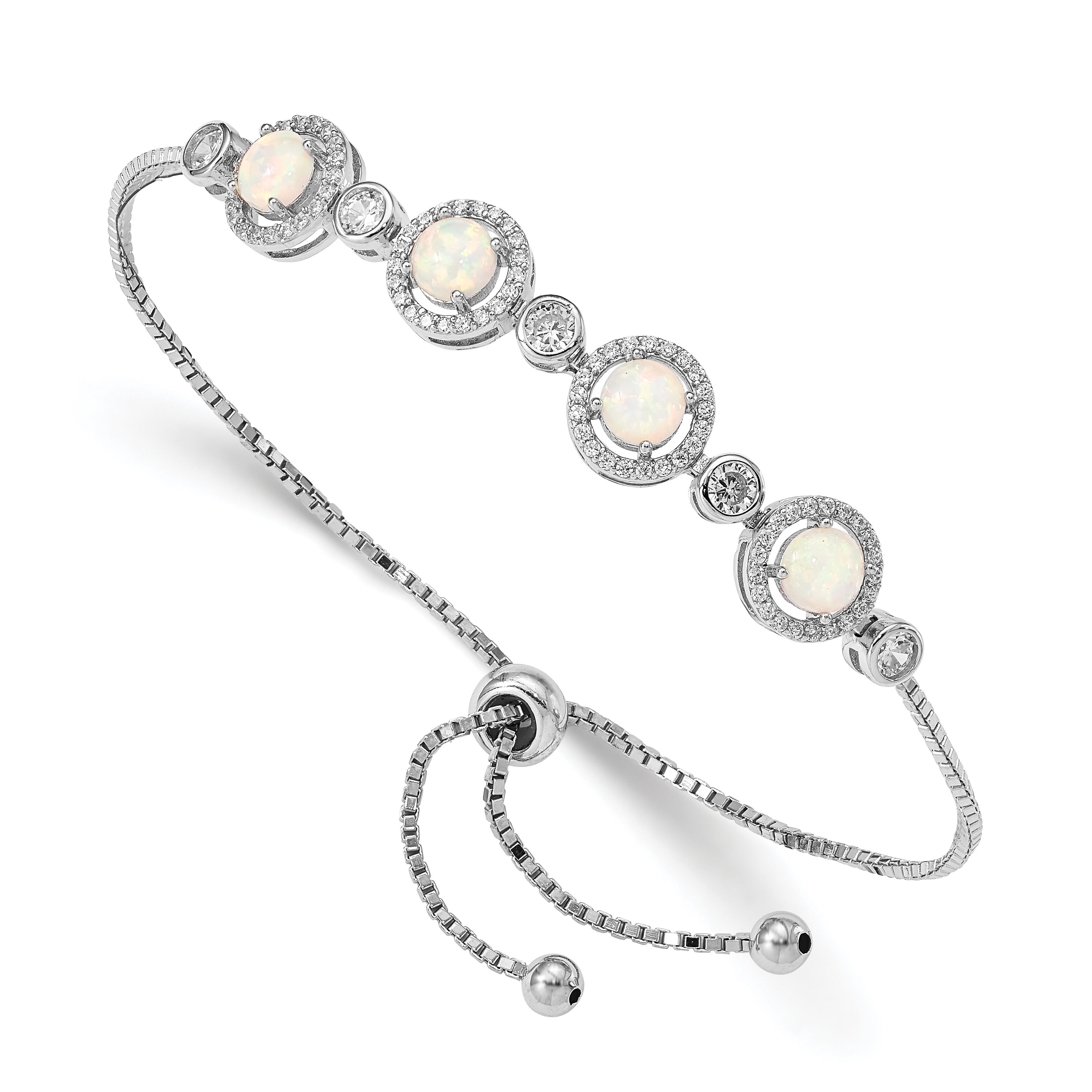 Opal and diamond adjustable silver bracelet with round gemstones, Fine Color Jewels jewelry
