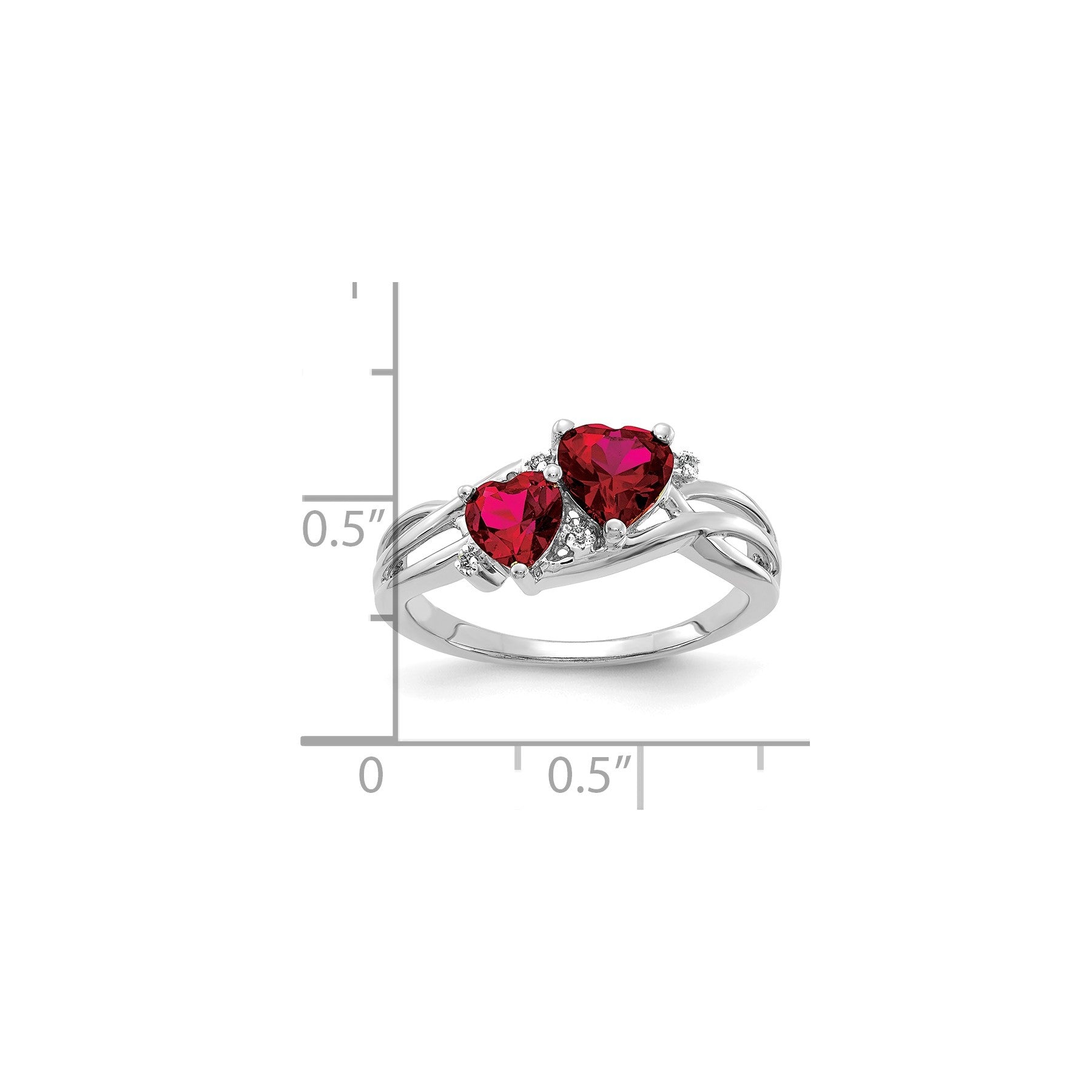 Silver ring with two heart-shaped red gemstones and small diamonds, Fine Color Jewels jewelry