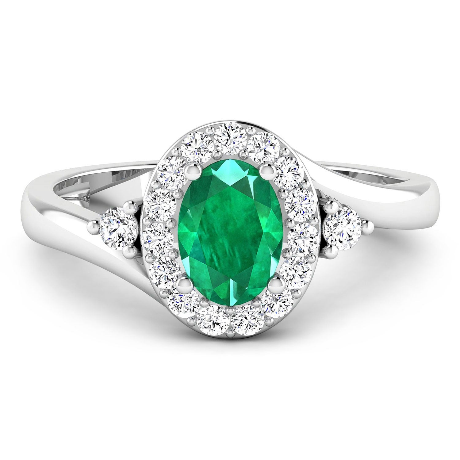 Zambian Emerald Diamond Oval Halo Ring 14K Gold