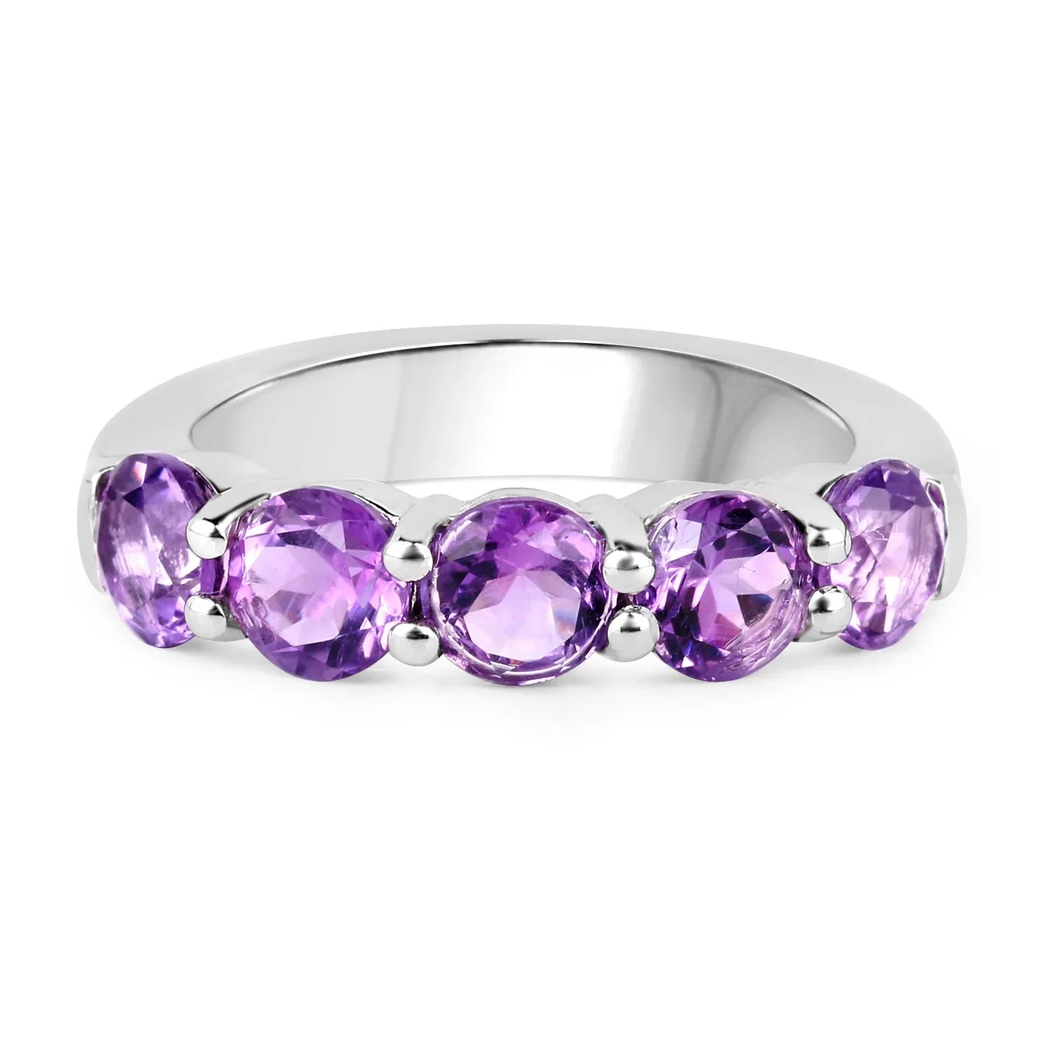 Natural Purple Amethyst Silver 5 Stone Ring
