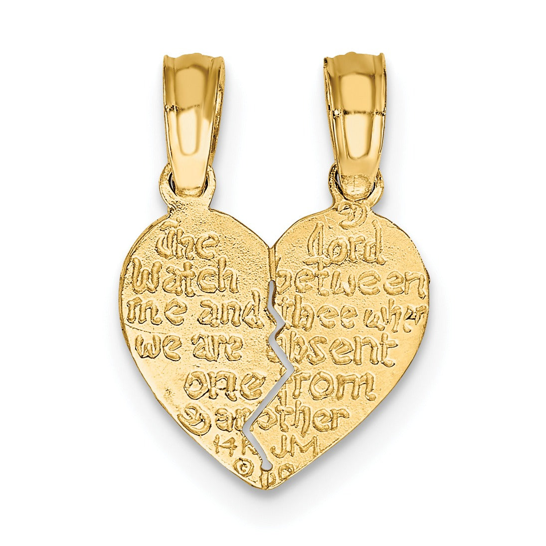 Gold heart-shaped split pendant with engraved text, handcrafted fine jewelry from Fine Color Jewels