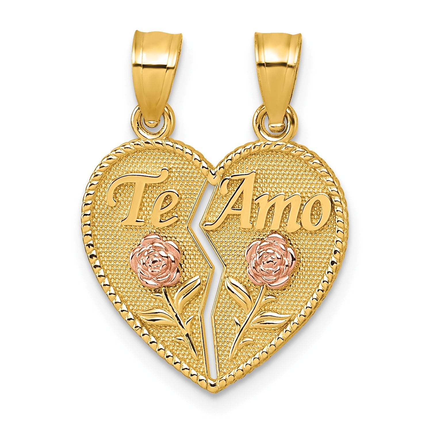 Gold heart-shaped pendant with 'Te Amo' engraving and two rose accents, Fine Color Jewels