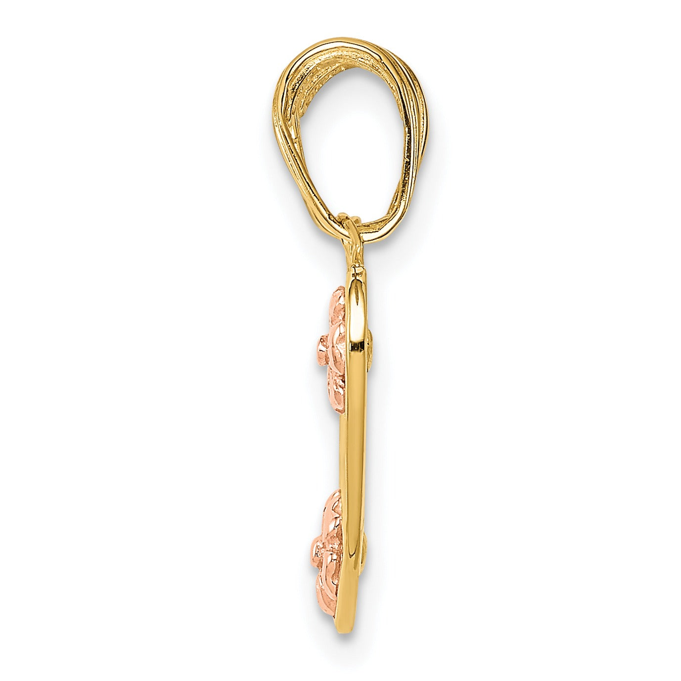 Side view of handcrafted gold and rose gold jewelry pendant from Fine Color Jewels