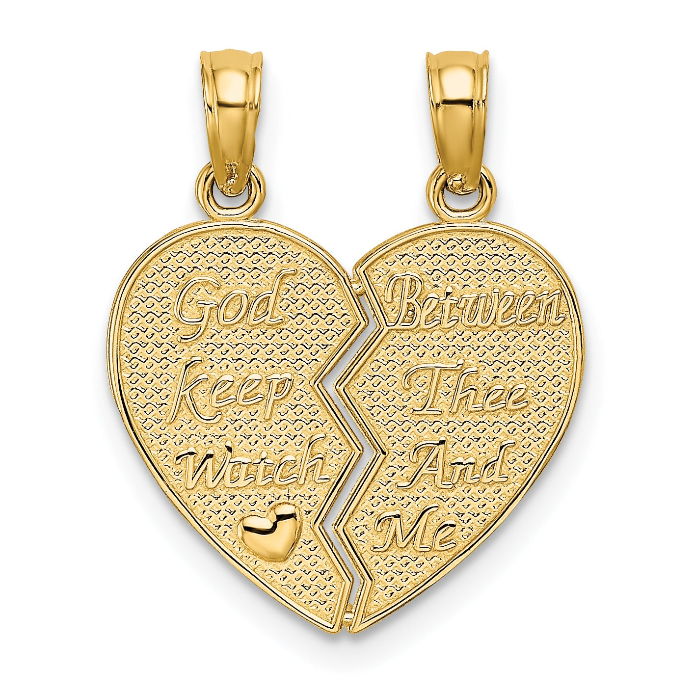 Gold heart-shaped split pendant with engraved 'God Keep Watch Between Thee And Me' text, Fine Color Jewels