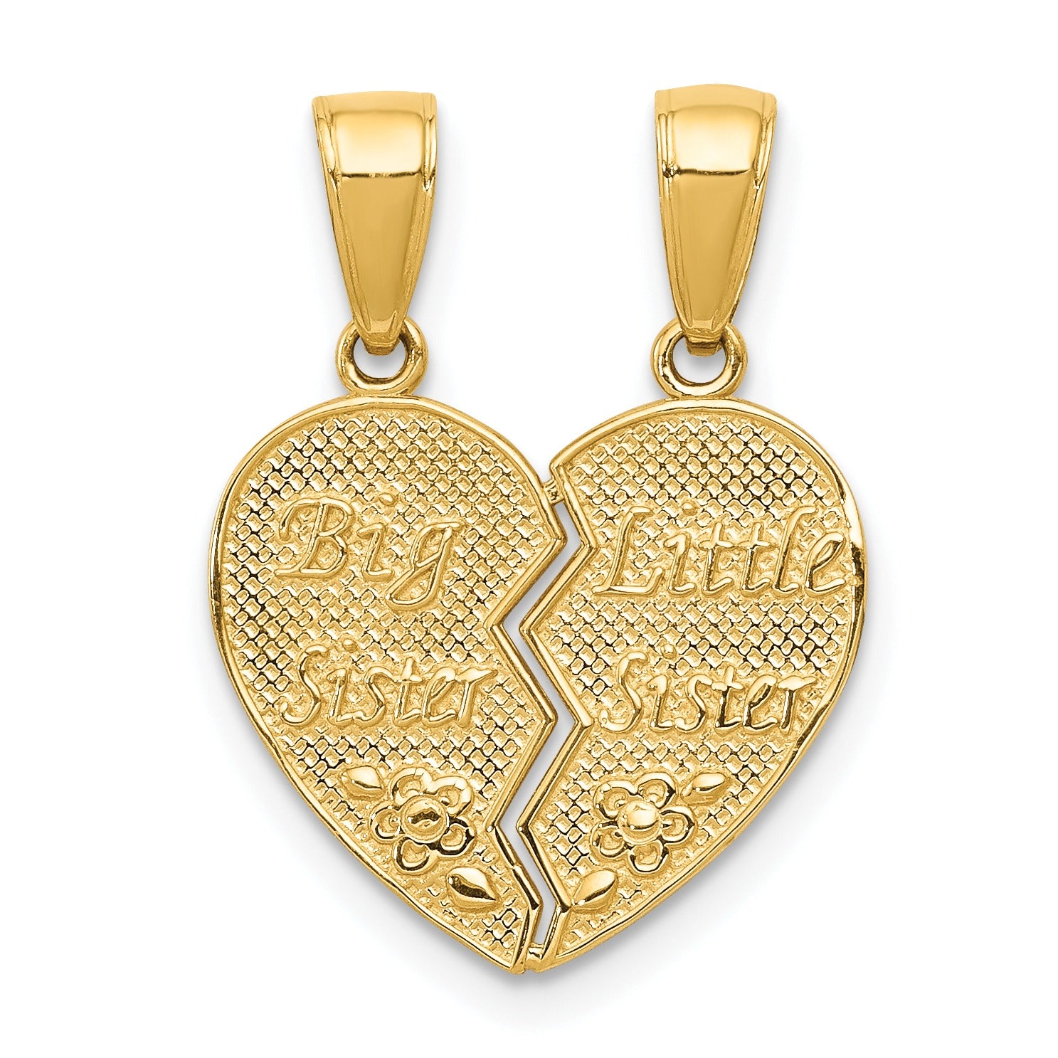Gold heart-shaped sister pendant necklace, split design, inscribed Big Sister and Little Sister
