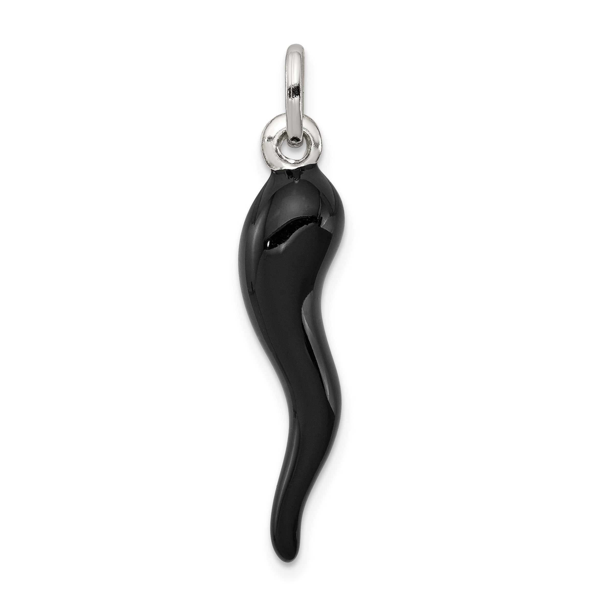 3D Black Enamel Italian Horn Pendant Silver