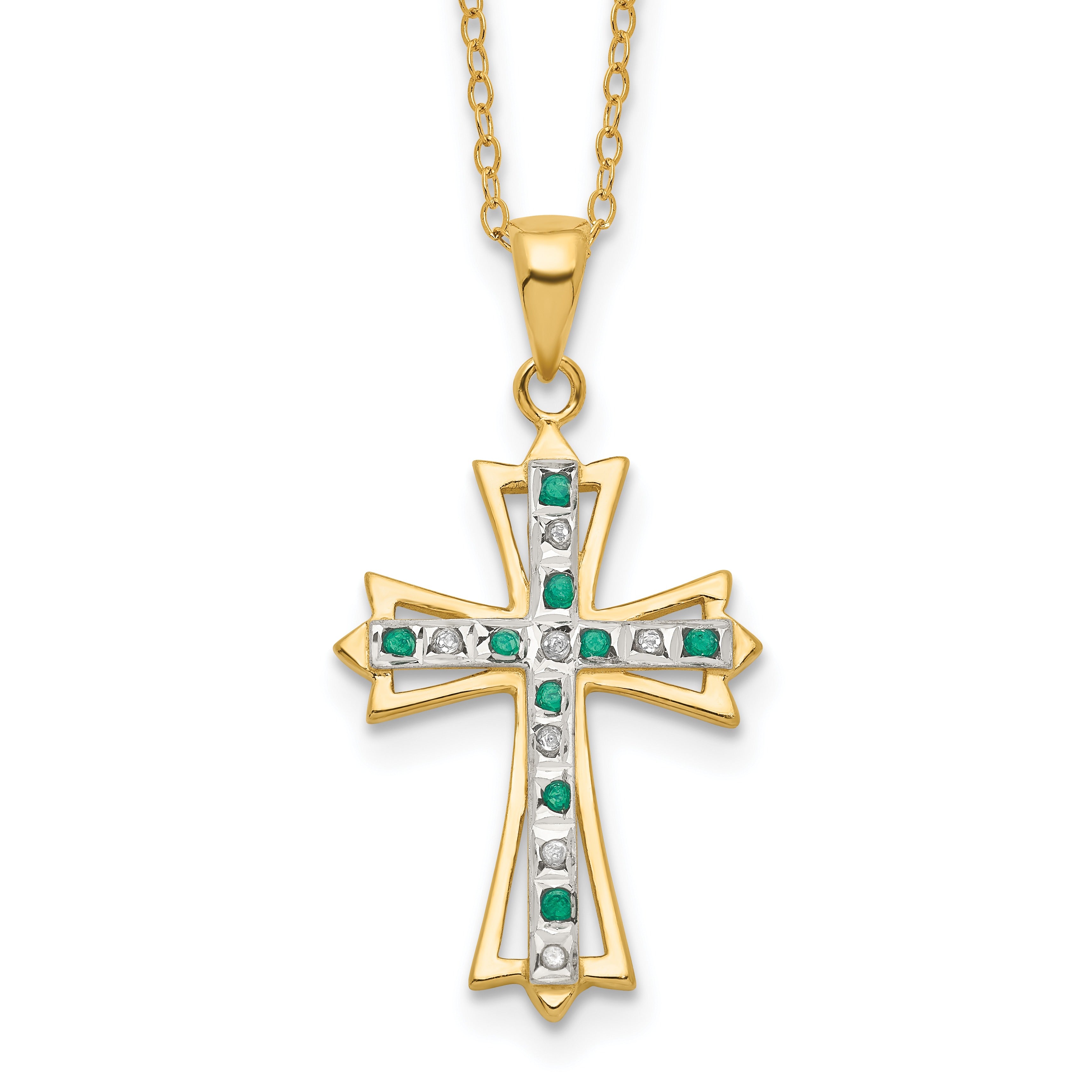 Silver Natural Diamond and Emerald Cross Necklace