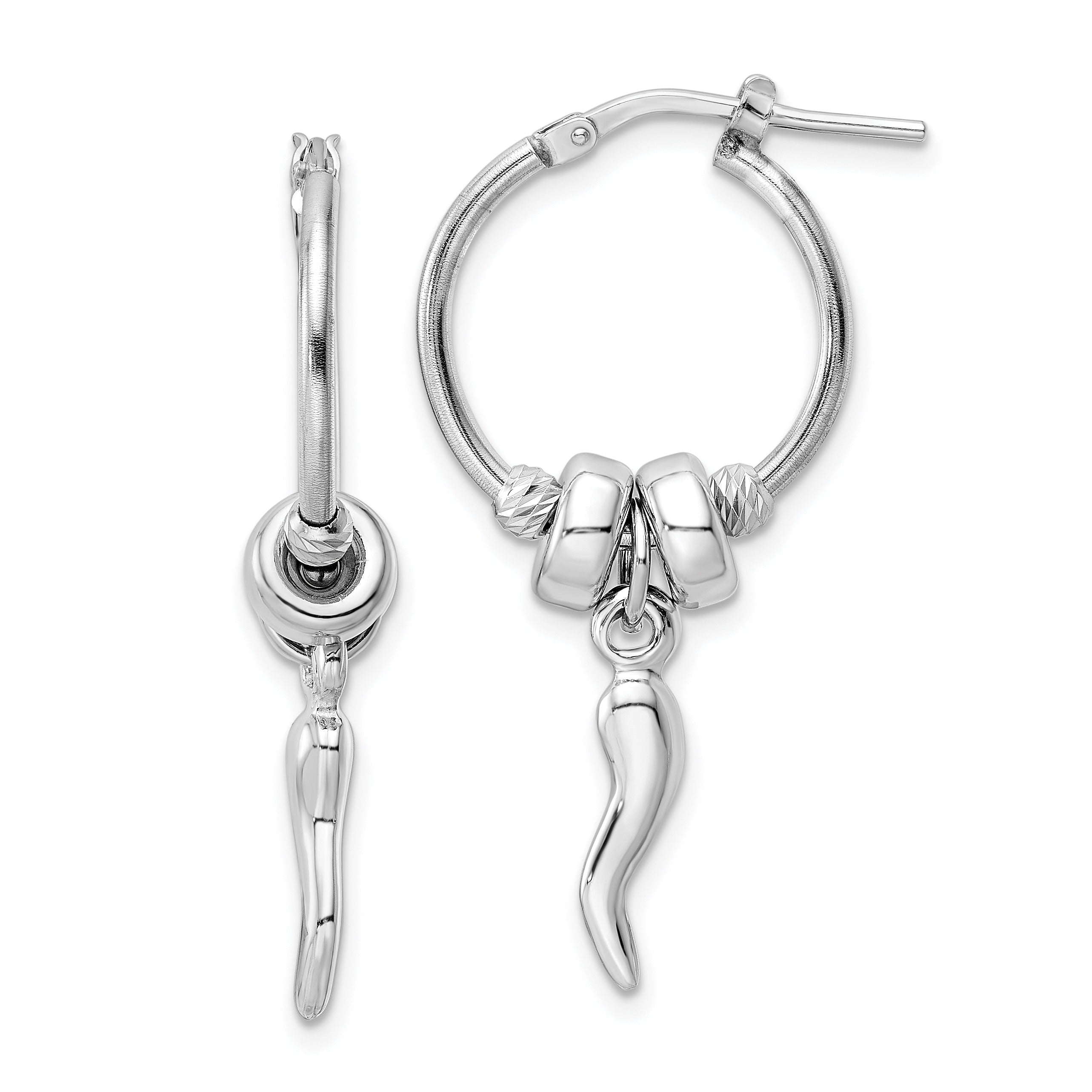 Silver Italian Horn Dangle Hoop Earrings