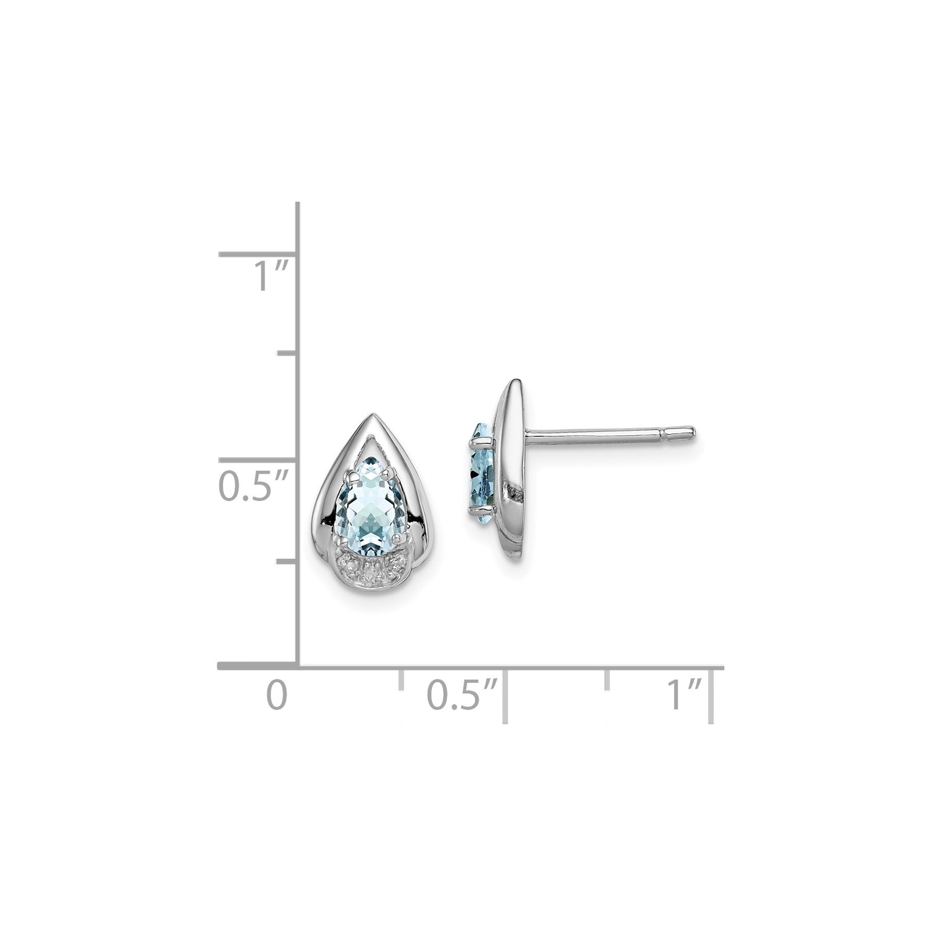 1.33 Ct Pear Blue Aquamarine & Diamond Prong Rhodium Plated Silver Post Button Earrings