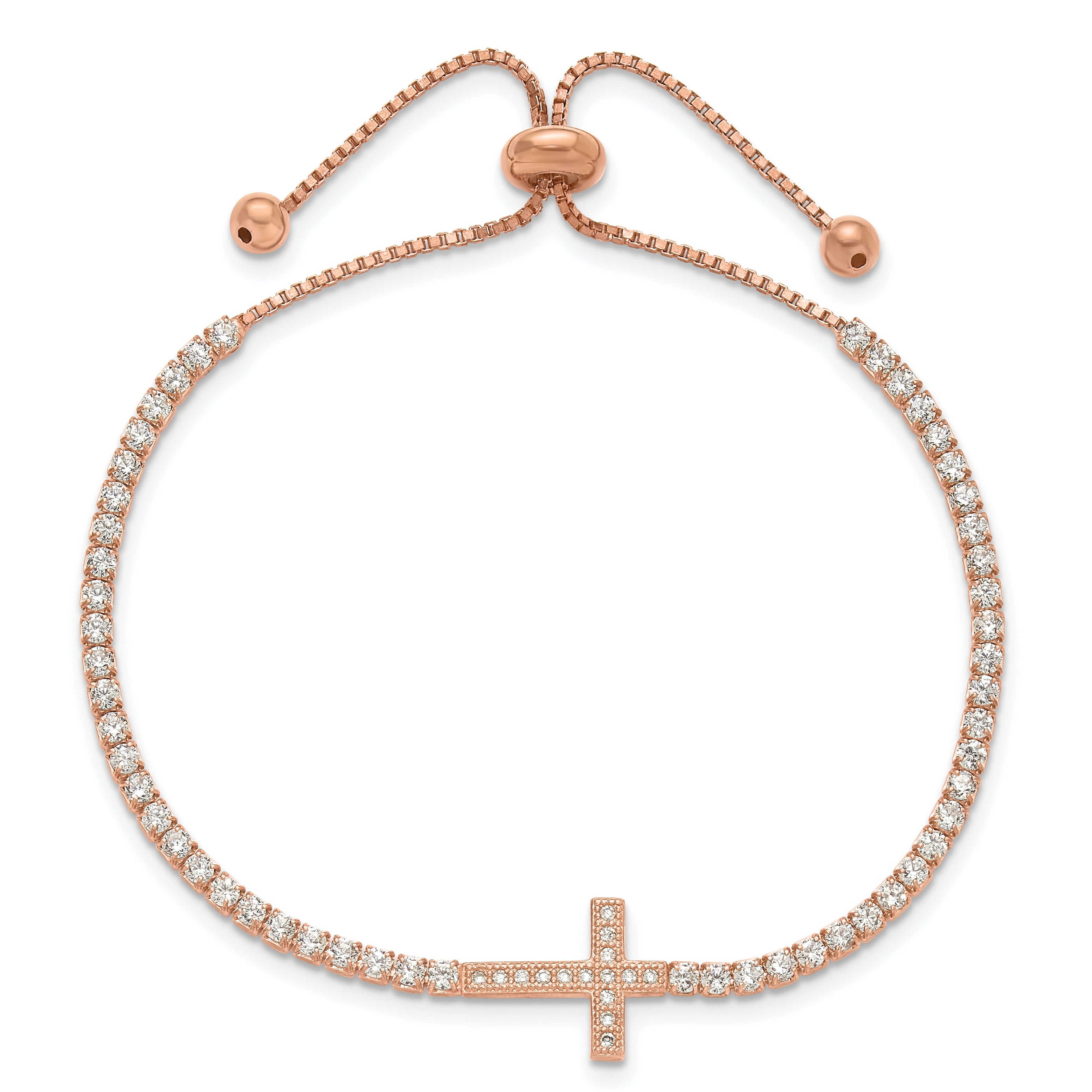 CZ Silver Rose-tone Sideways Cross Adjustable Bracelet
