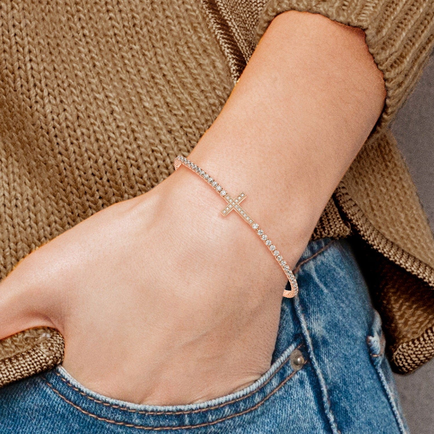 CZ Silver Rose-tone Sideways Cross Adjustable Bracelet