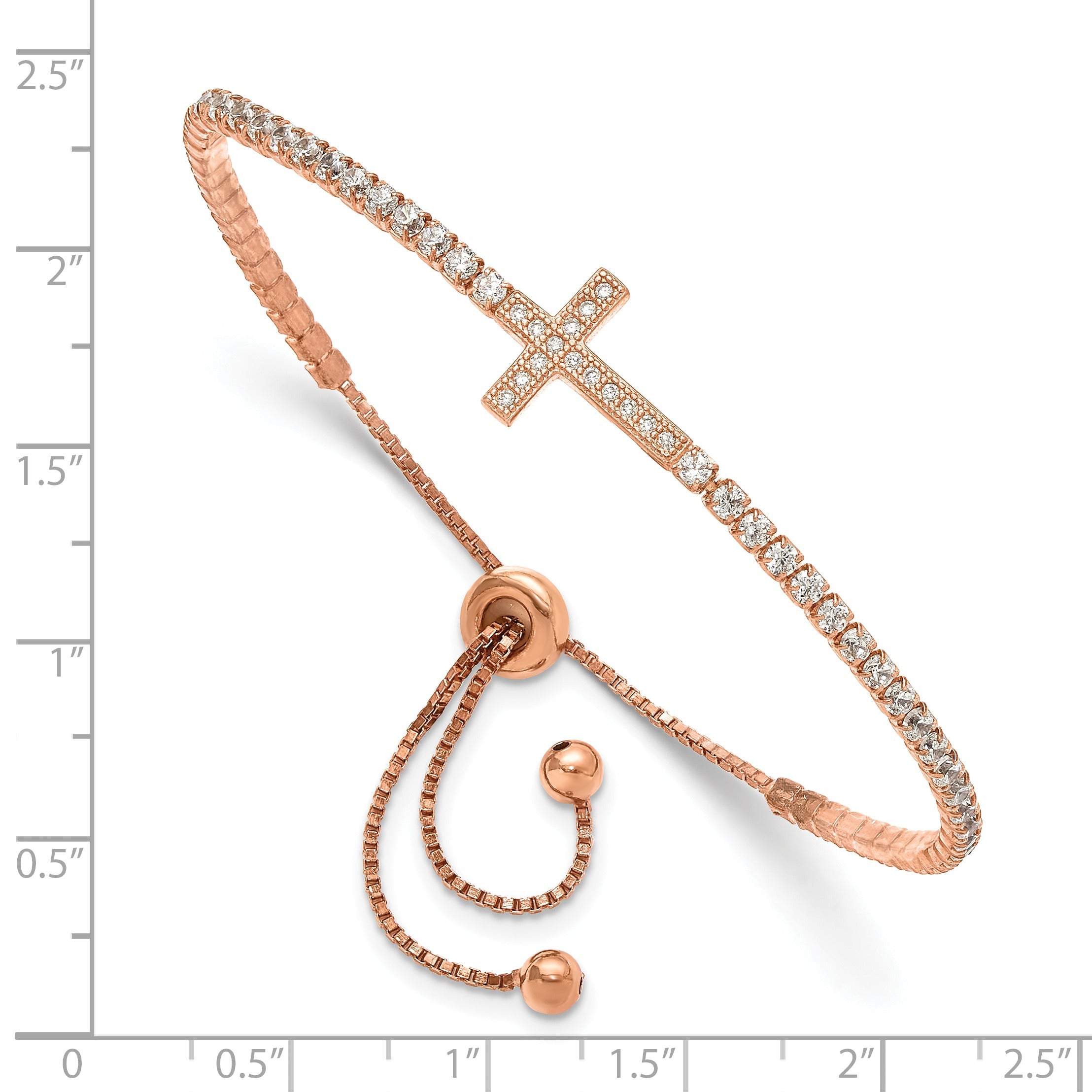 CZ Silver Rose-tone Sideways Cross Adjustable Bracelet