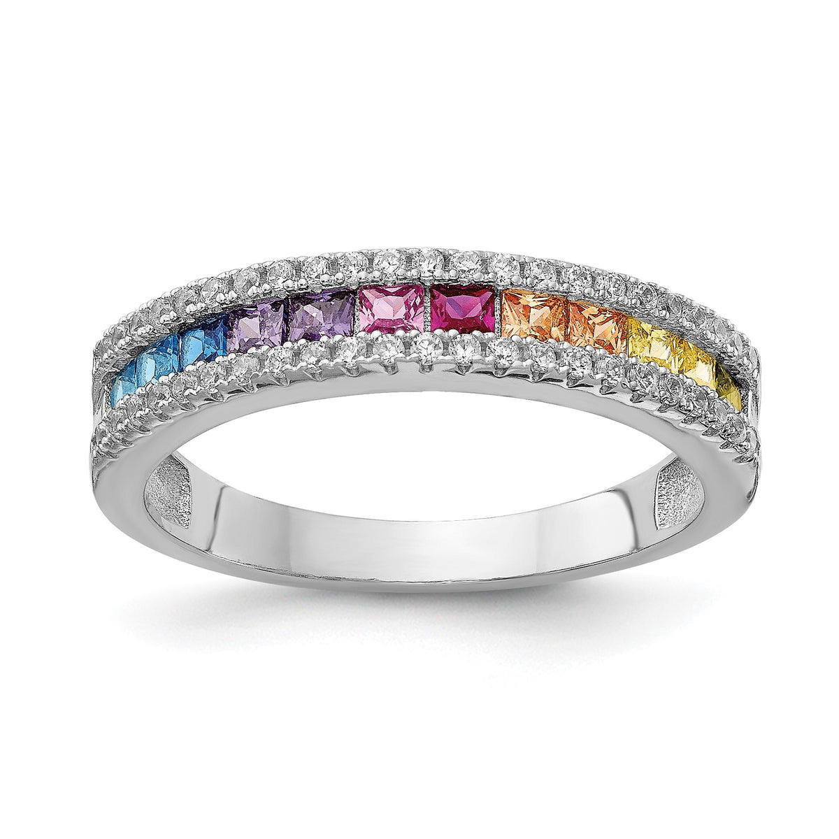Princess Multicolor CZ Channel Set Rhodium Over 925 Sterling Silver Band Ring