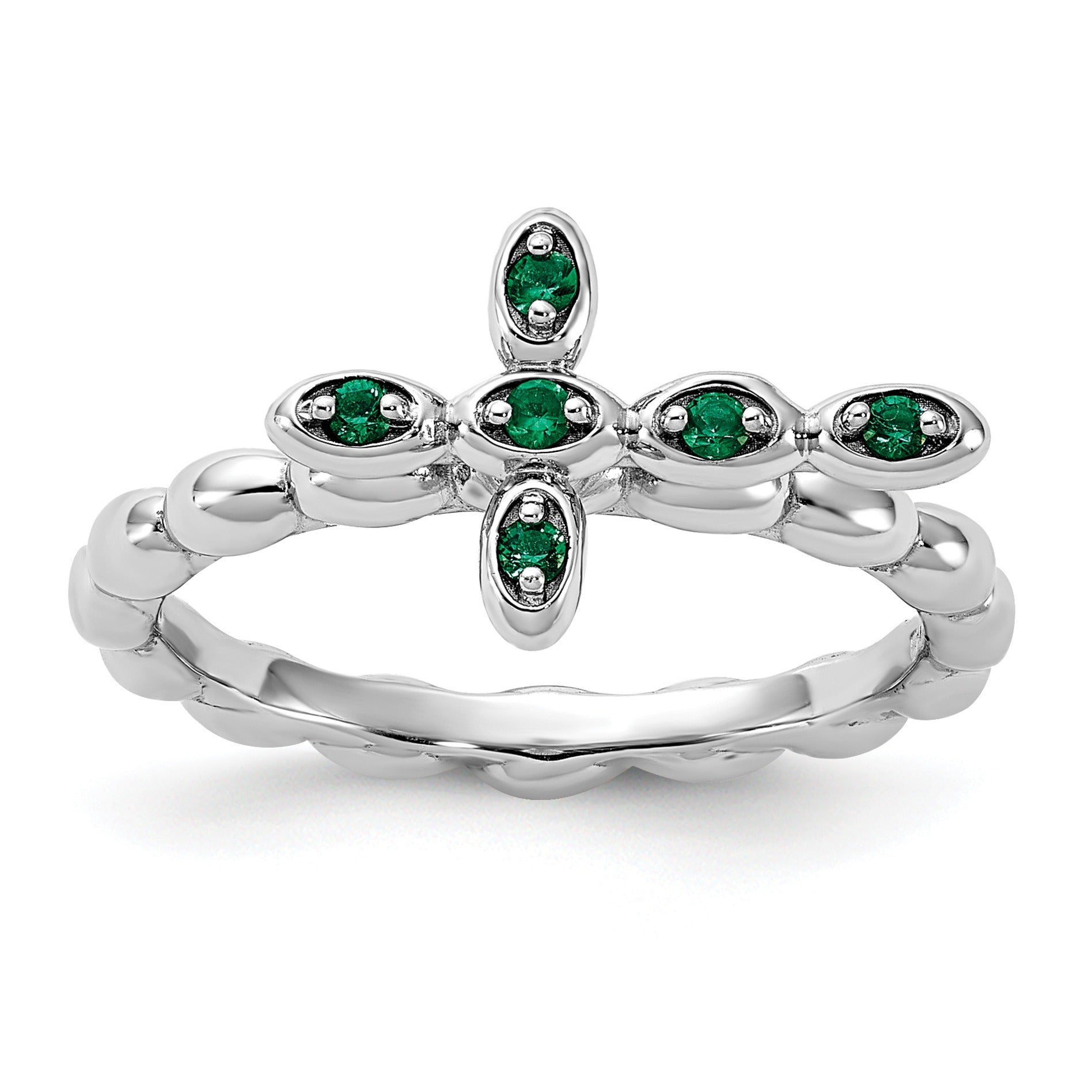 Silver Stackable Created Emerald Cross Ring