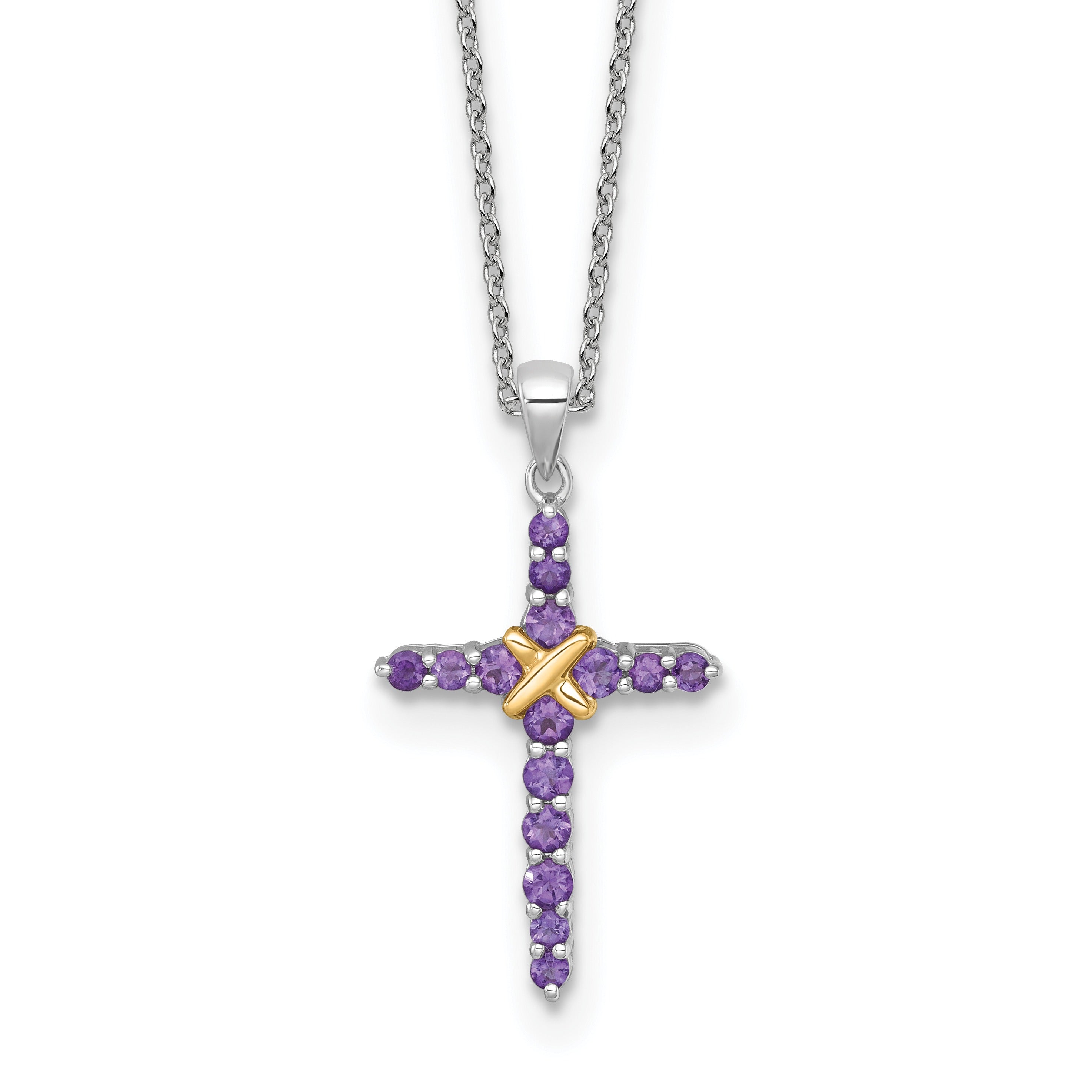 Silver 14k -X- Accent Natural Amethyst Cross Necklace