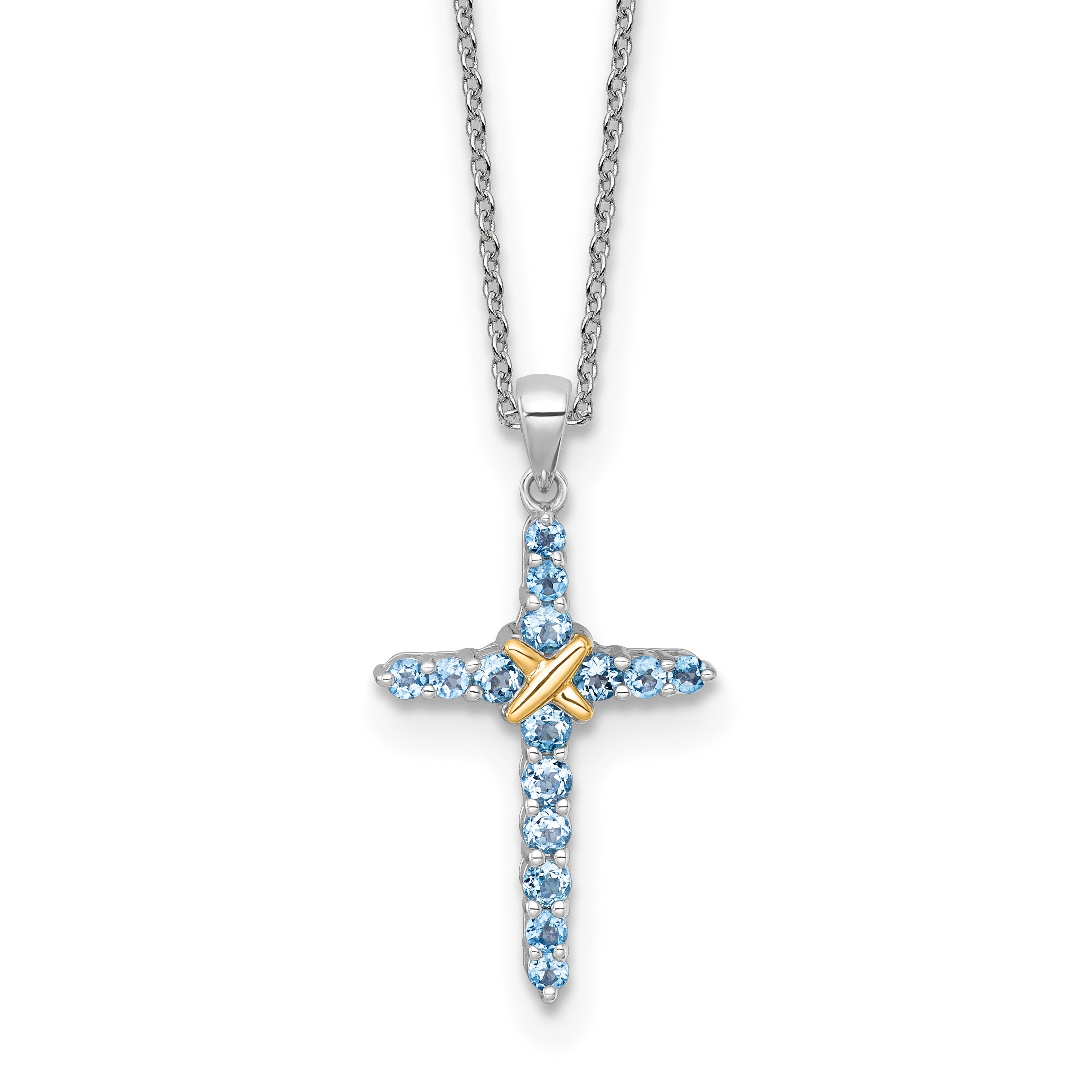 Silver cross pendant necklace with blue gemstones and gold accent, fine handcrafted jewelry