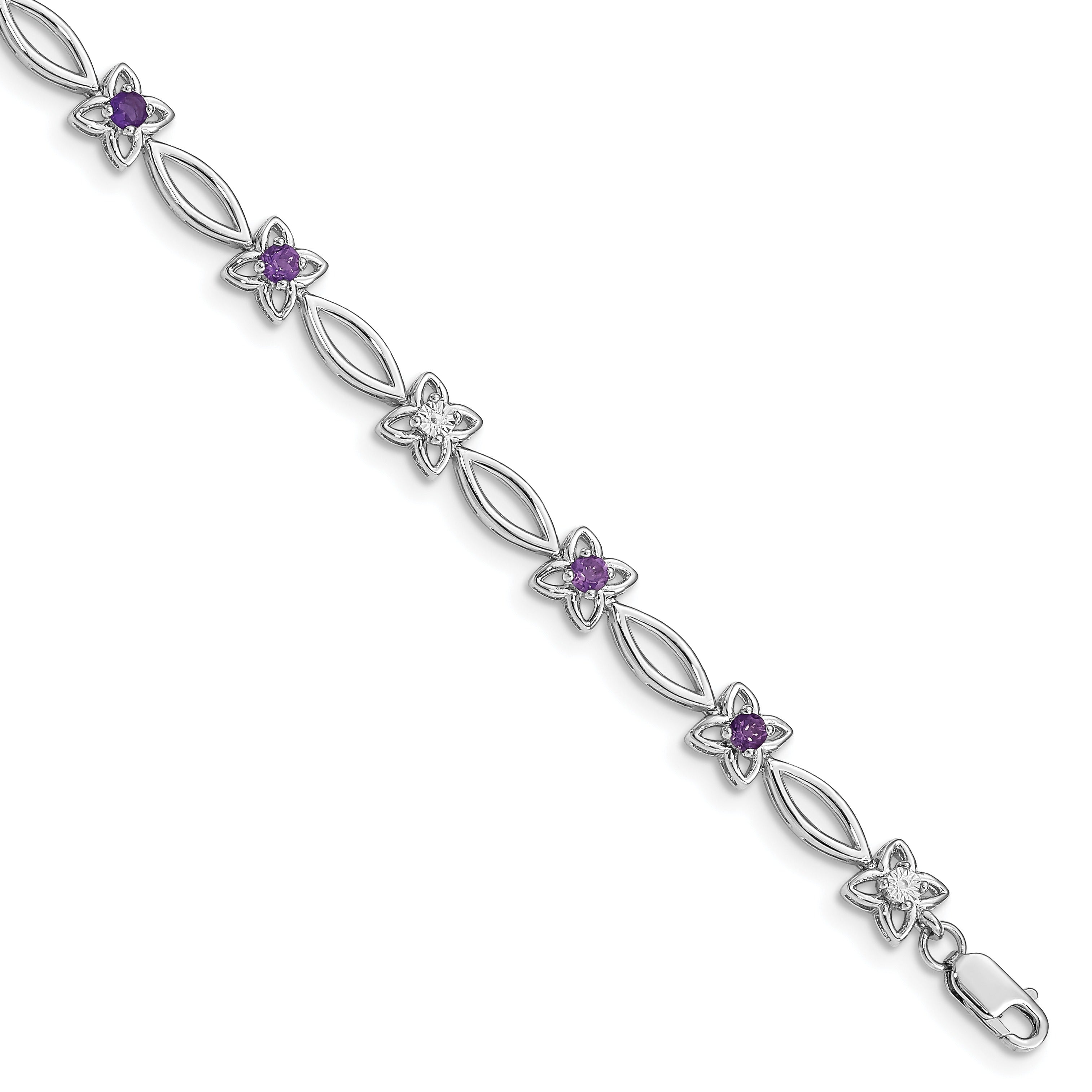 Natural Diamond Amethyst Flower Bracelet Silver