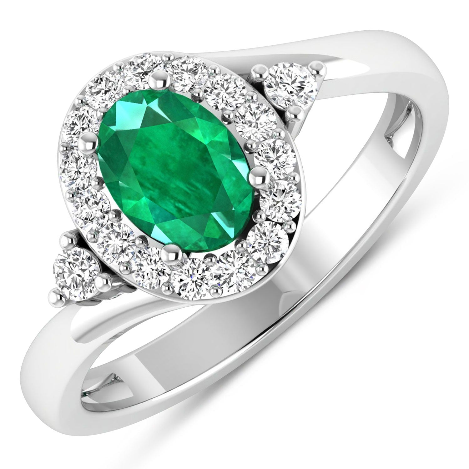 Zambian Emerald Diamond Oval Halo Ring 14K Gold