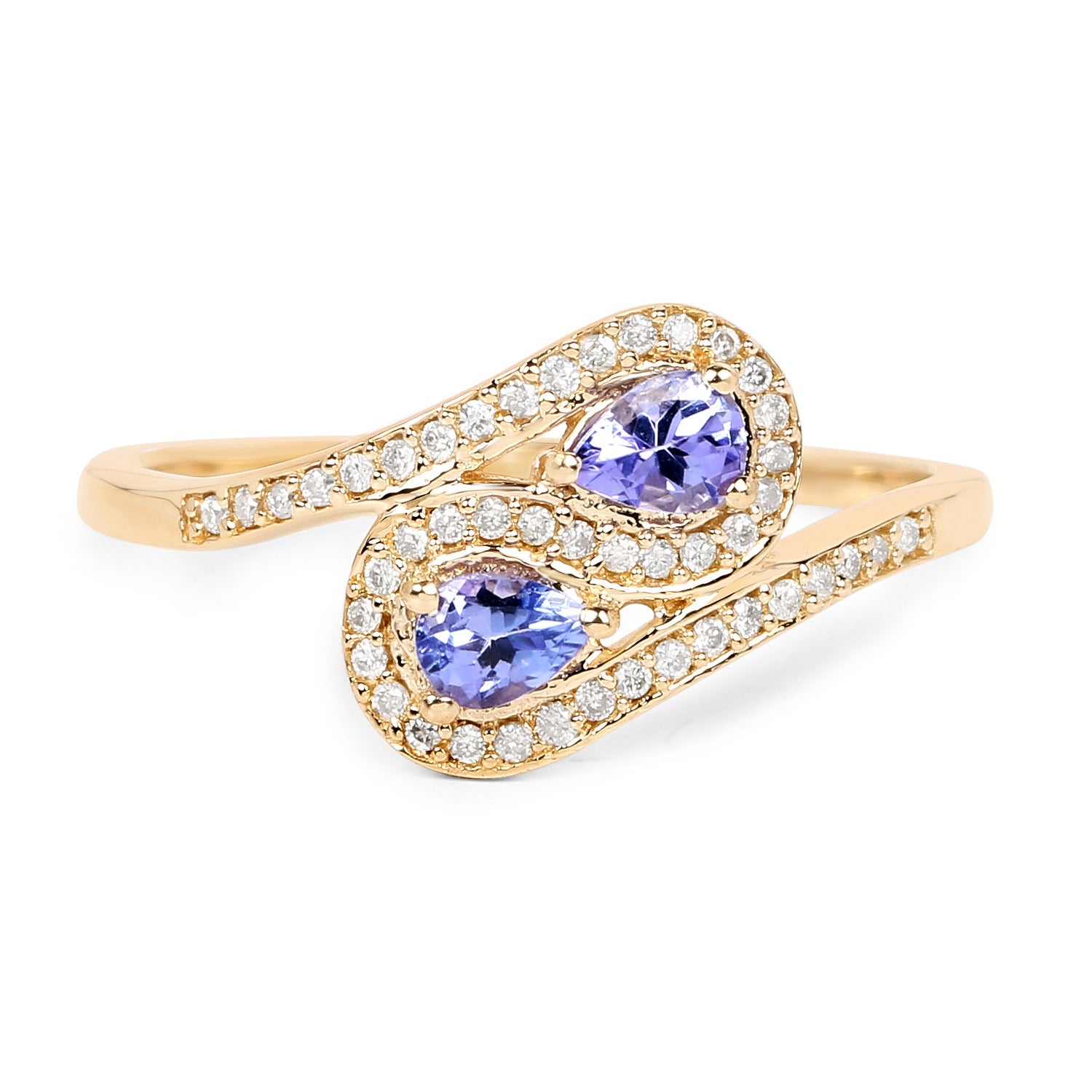 0.28 Ct Pear Violet Tanzanite Diamond Prong 14K Yellow Gold Bypass Halo Pave Ring