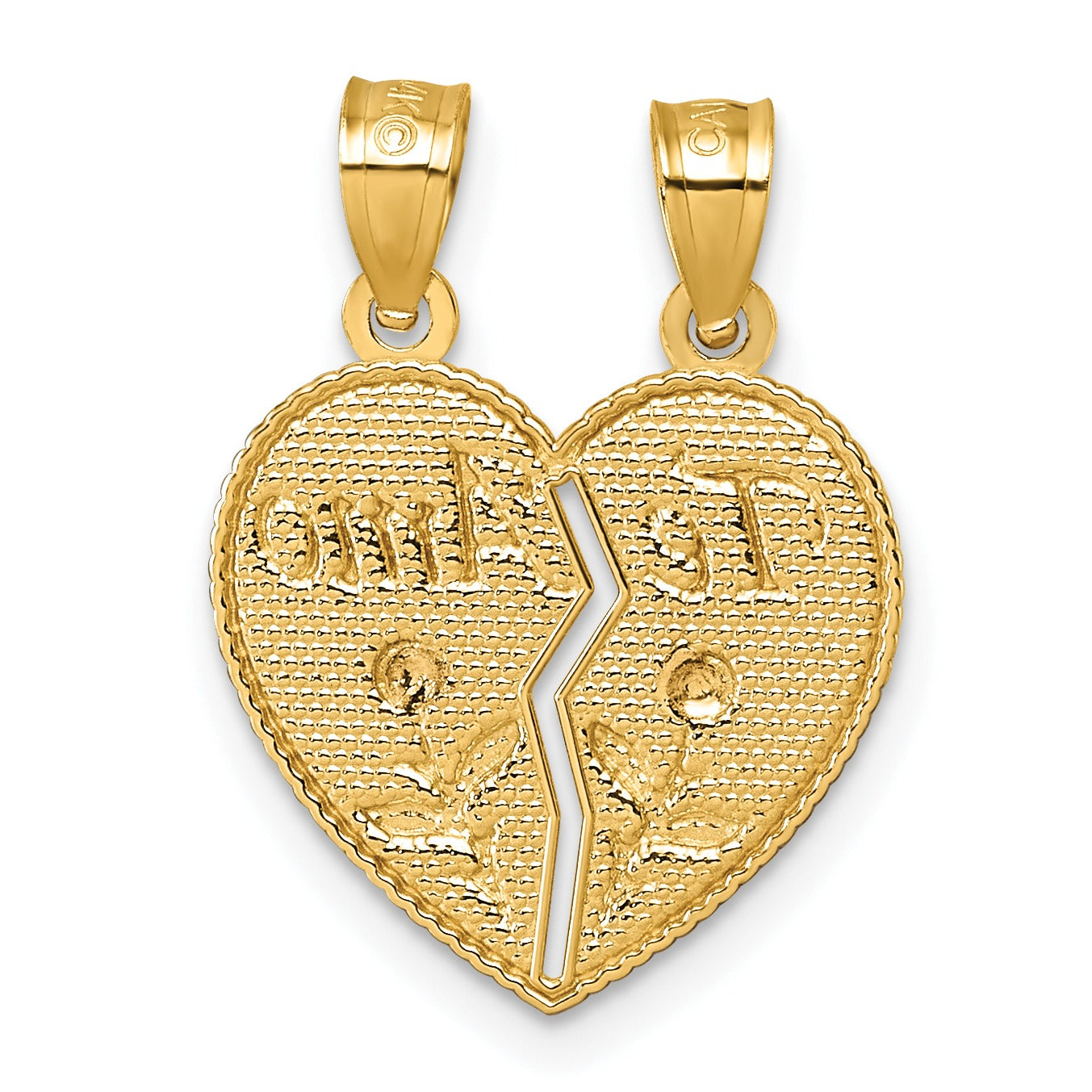 Textured gold heart pendant with split design and engraved floral details, Fine Color Jewels
