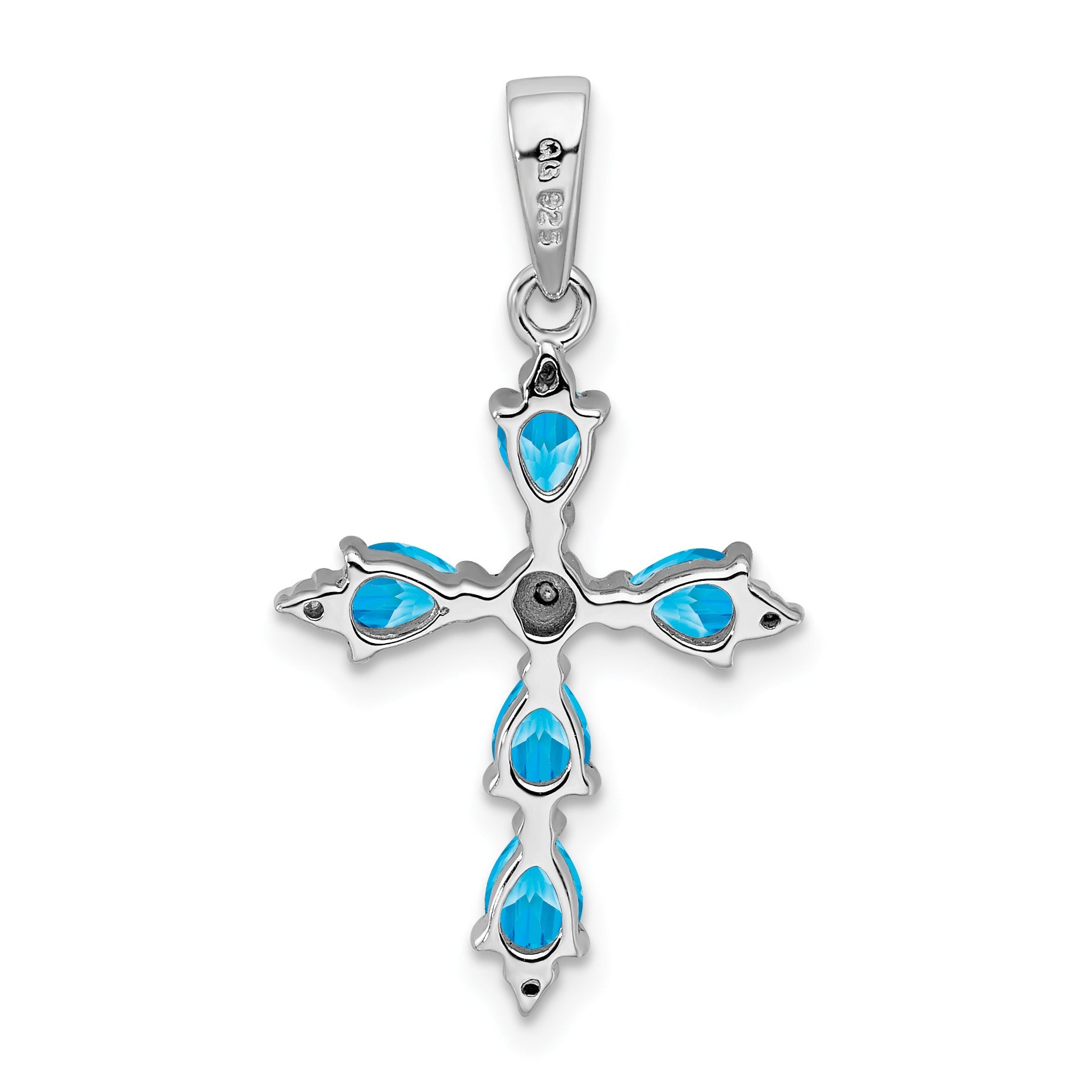 Silver Rhodium Pear Swiss Blue Topaz Cross Pendant