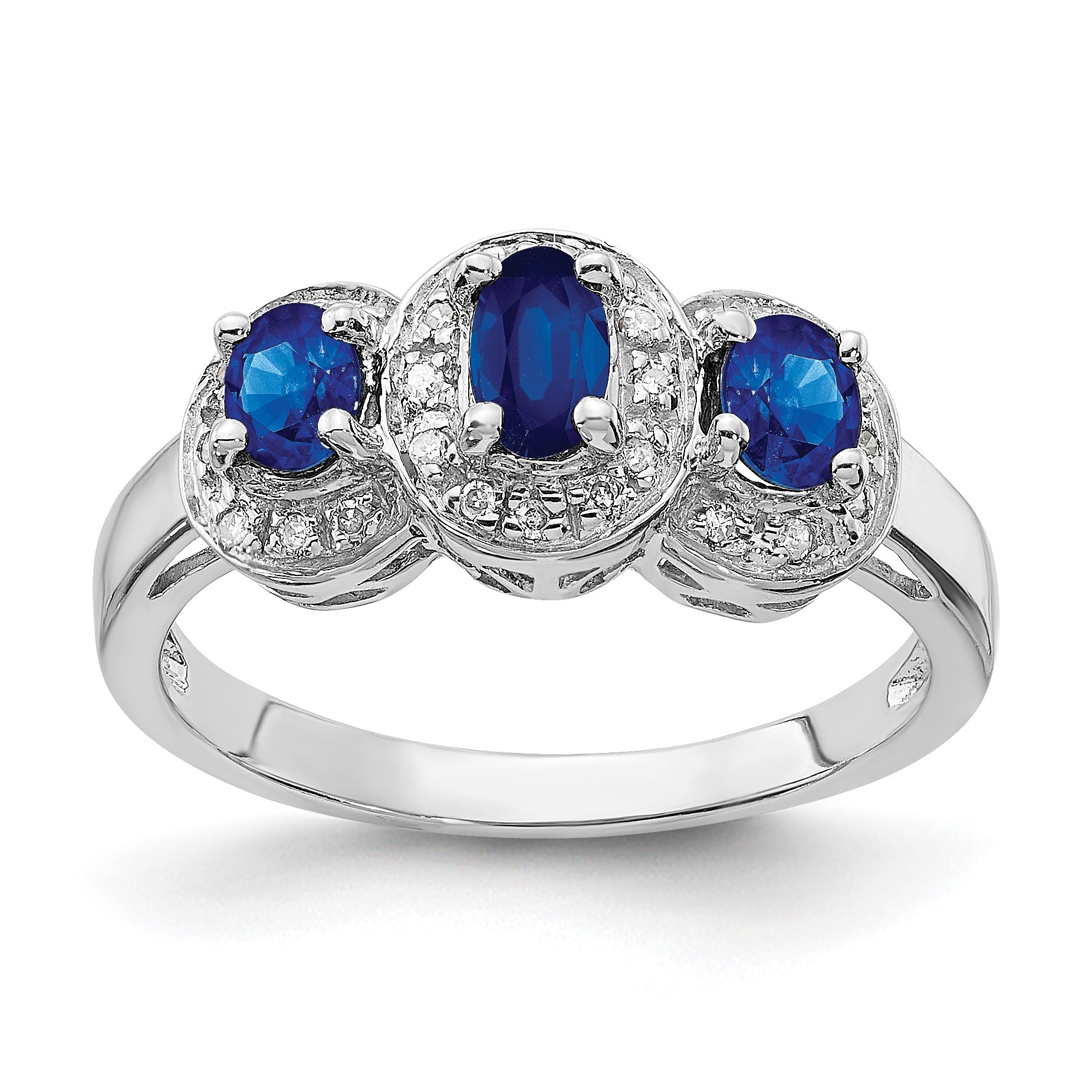 Blue Oval Sapphire and Diamond Prong Sterling Silver Three Stone Halo Ring