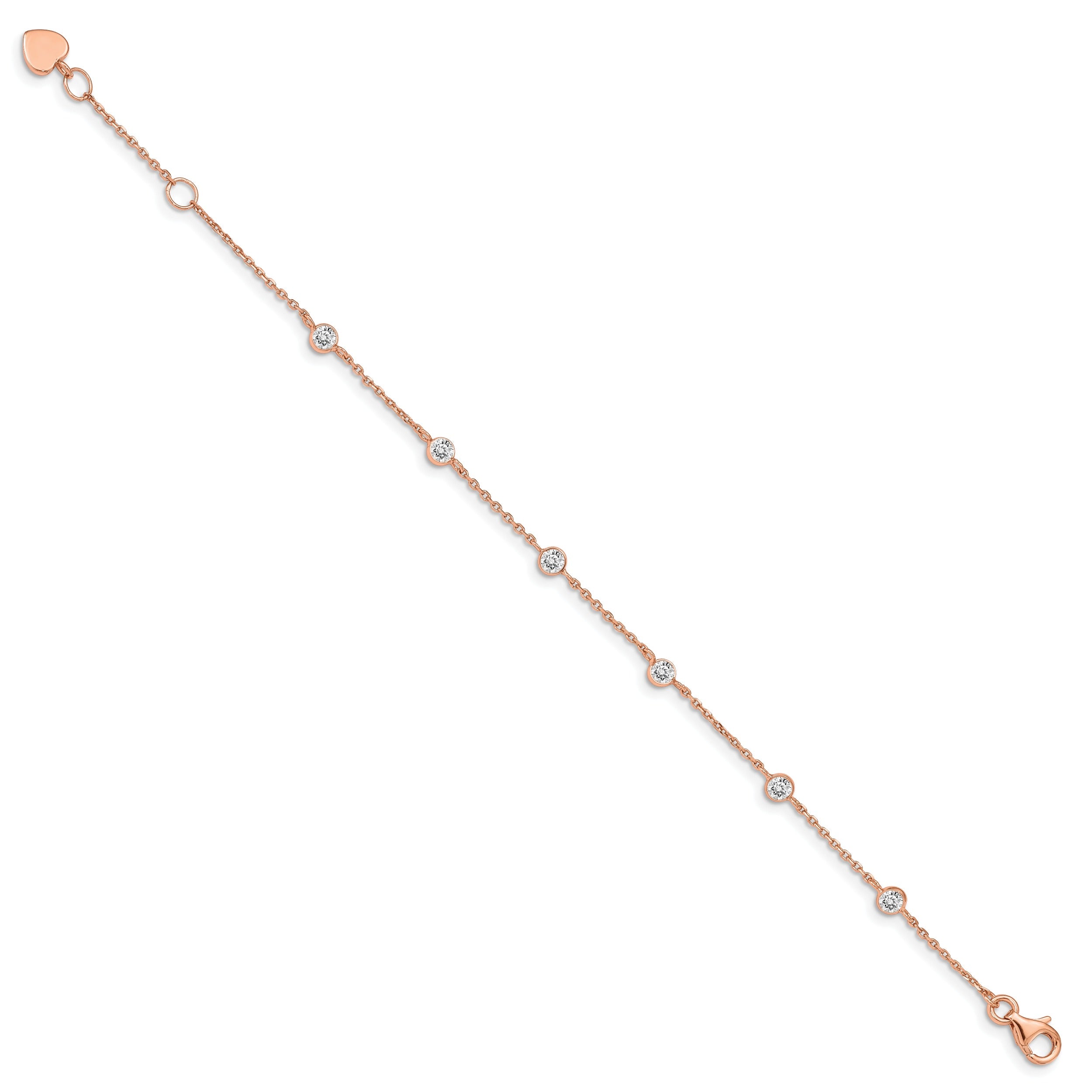 CZ Sterling Silver Rose-tone Heart Link Bracelet