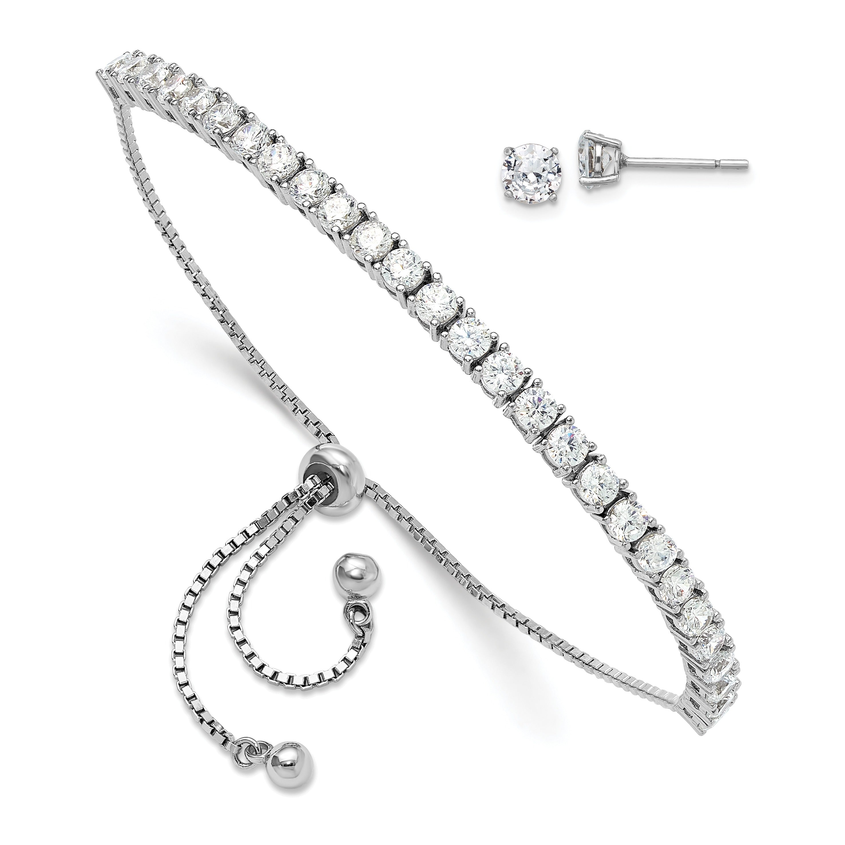 Round CZ Silver Adjustable Tennis Bolo Bracelet and Stud Earring Set