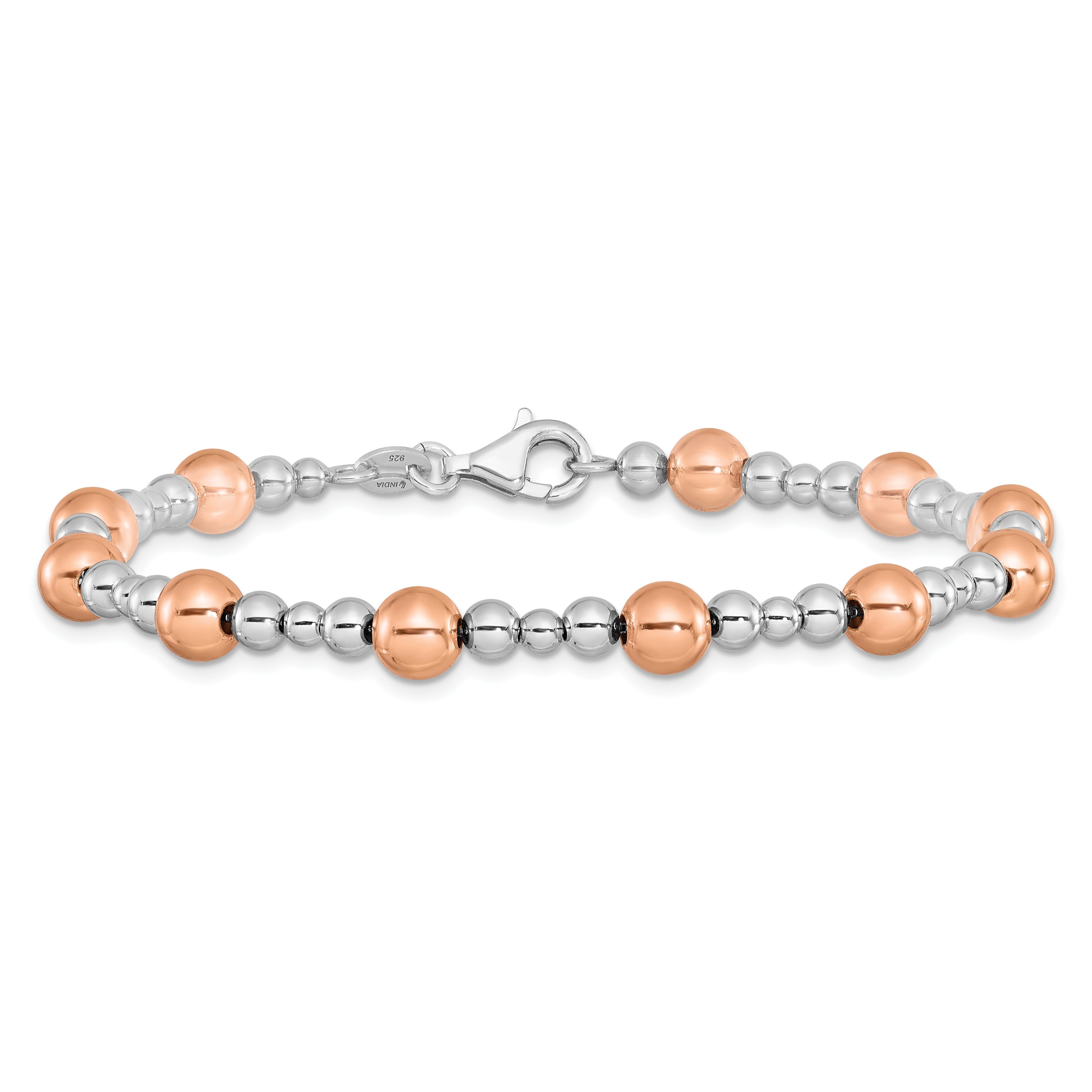 Two-Tone Rhodium and Rose-tone Round Silver Beaded Bracelet