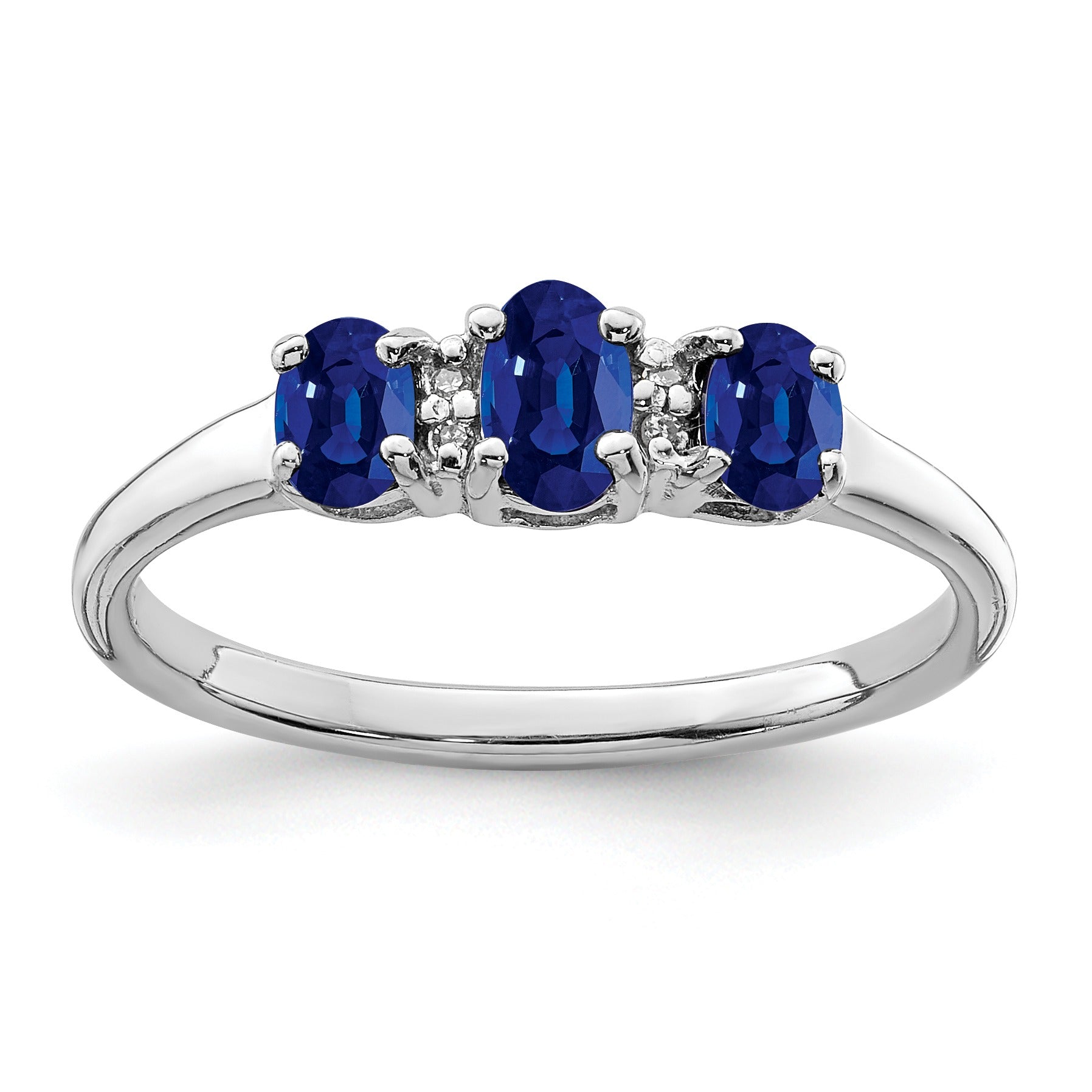 0.85 Ct Oval Blue Sapphire & Diamond Prong Rhodium-Plated Sterling Silver Three Stone Ring
